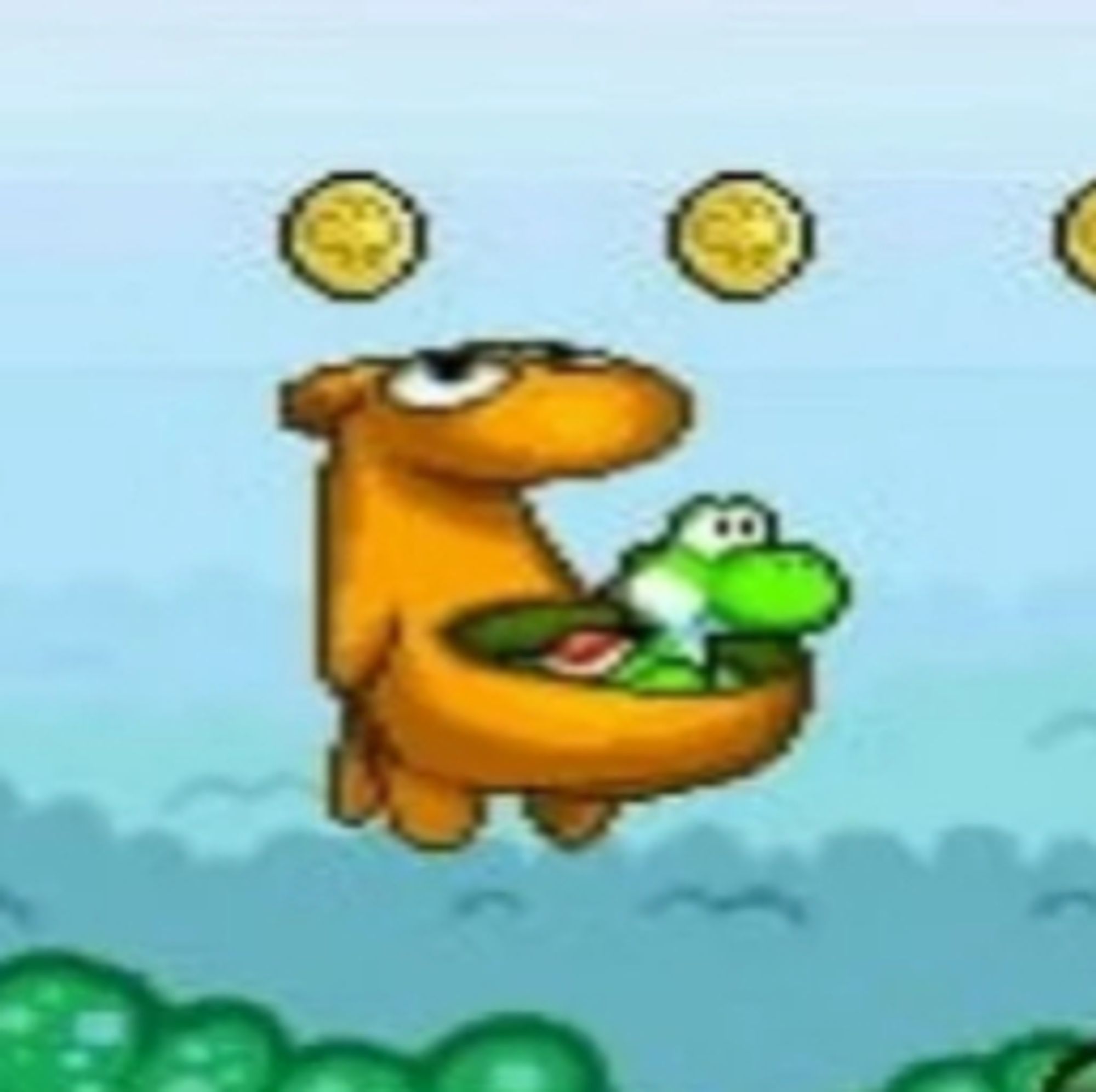 yoshi is riding in the pouch of some sorta creature in yoshi's island ds. i don't know what it is, i've only played the first game