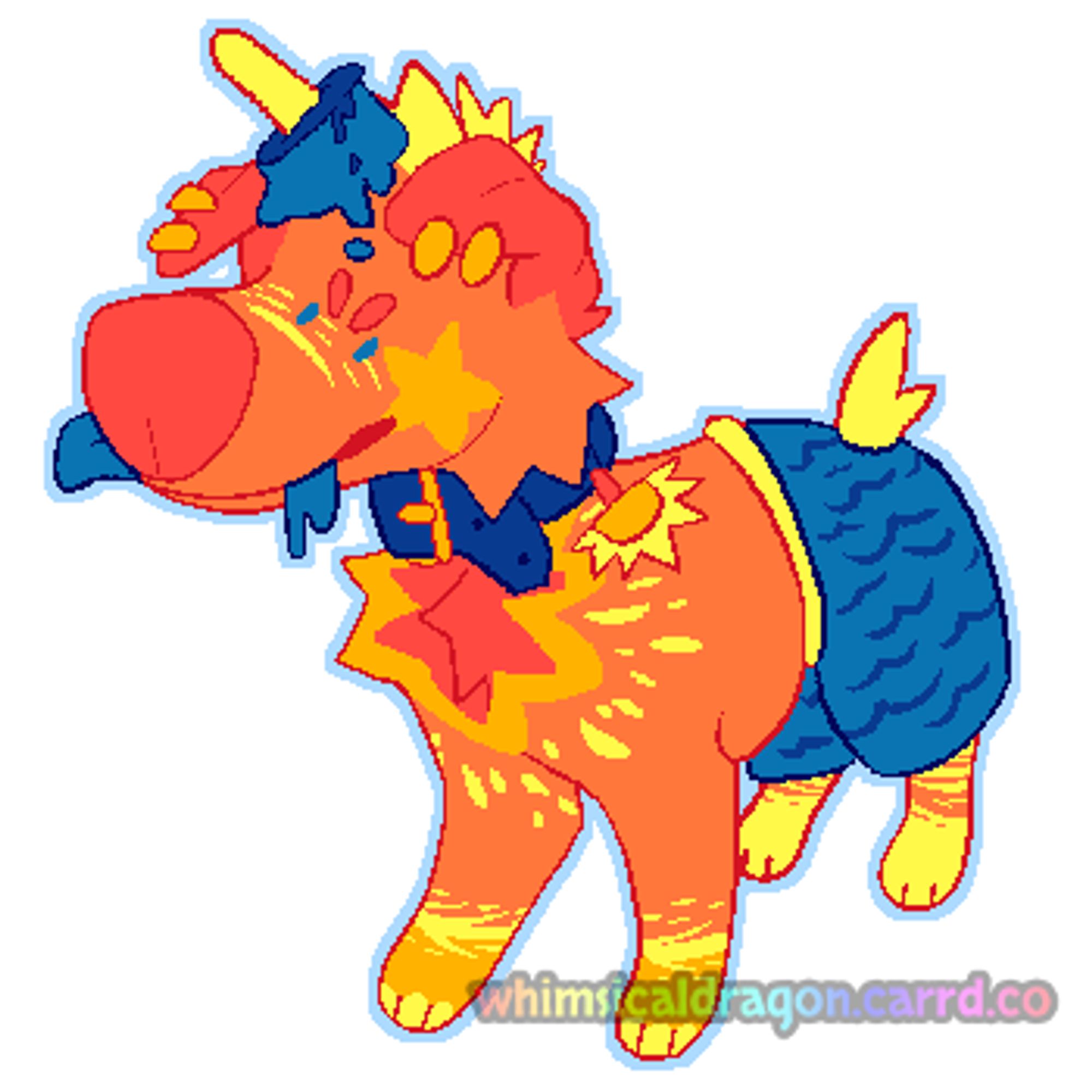 An orange and blue summer themed dog adopt, it has a popsicle on its head and it wears swim trunks.