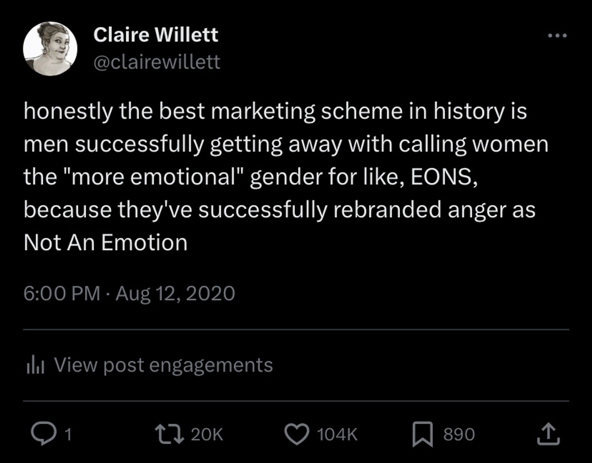 honestly the best marketing scheme in history is men successfully getting away with calling women the „more emotional“ gender for like, EONS, because they’ve successfully rebranded anger as Not An Emotion