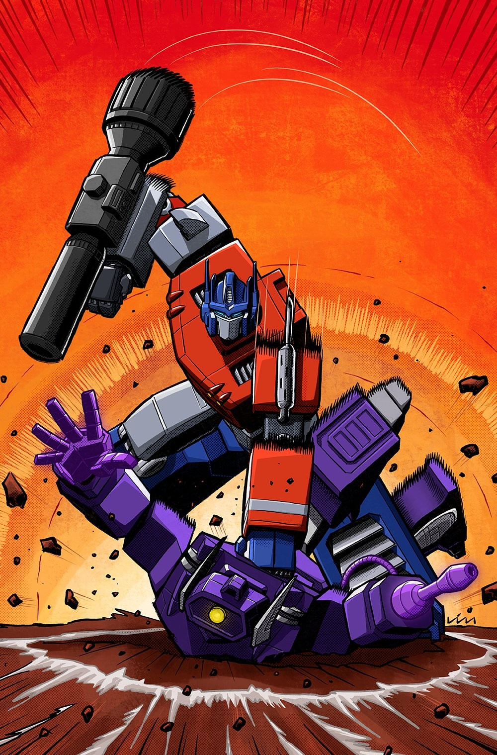 Optimus Prime slamming Shockwave into the ground