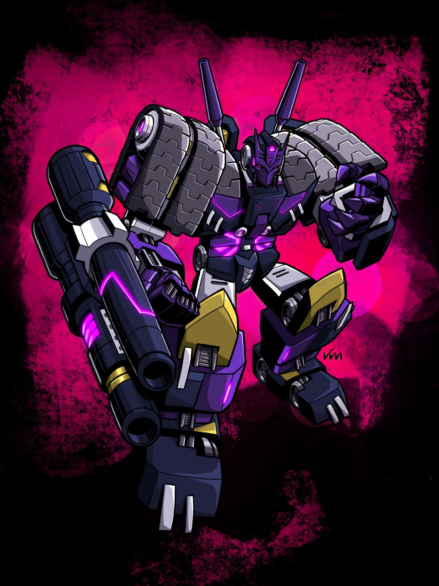 The Decepticon Tarn with an abstract pink and black background