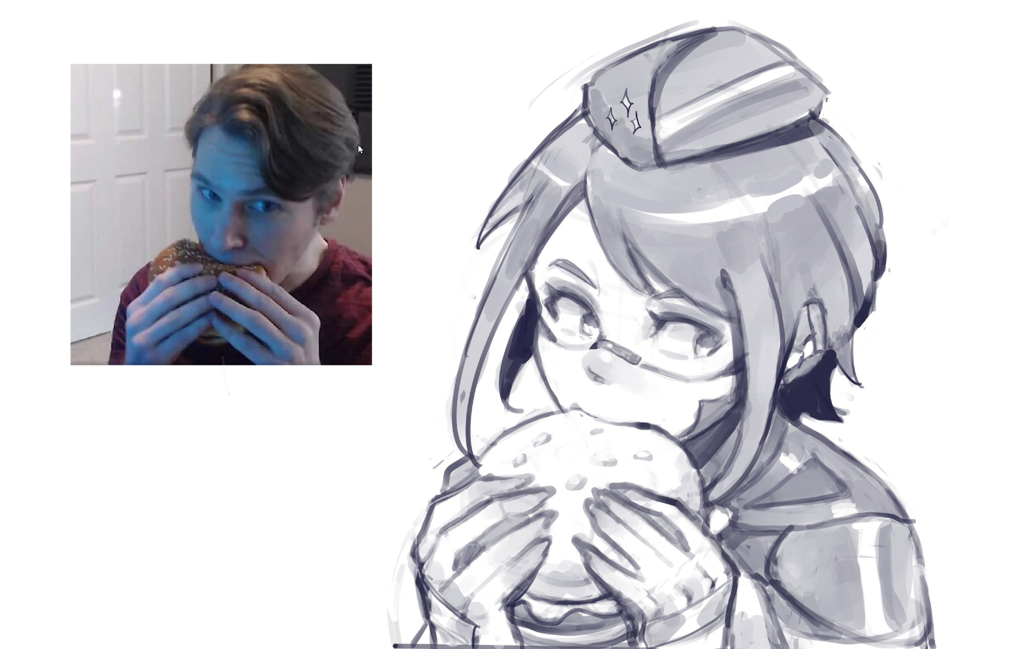 Eule eating a burger accompanied with a picture of Jerma985, who is also eating a burger. 