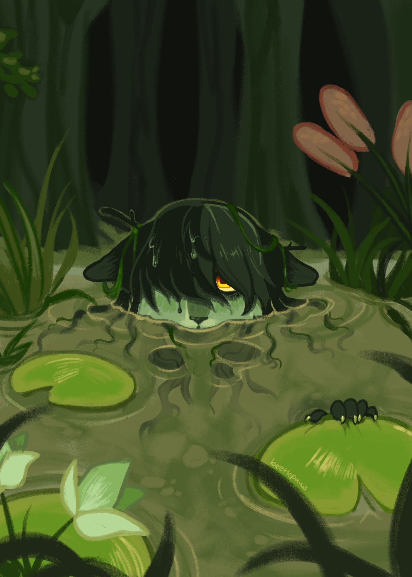 Digital painting of a green anthropomorphic feline character, with long, dark green hair, emerging from a swamp. The painting is mostly green toned except for the character's piercing yellow eyes, of which one is covered by her wet hair. Lily pads, cattails and reeds frame the piece, and large dark trees can be seen in the background.