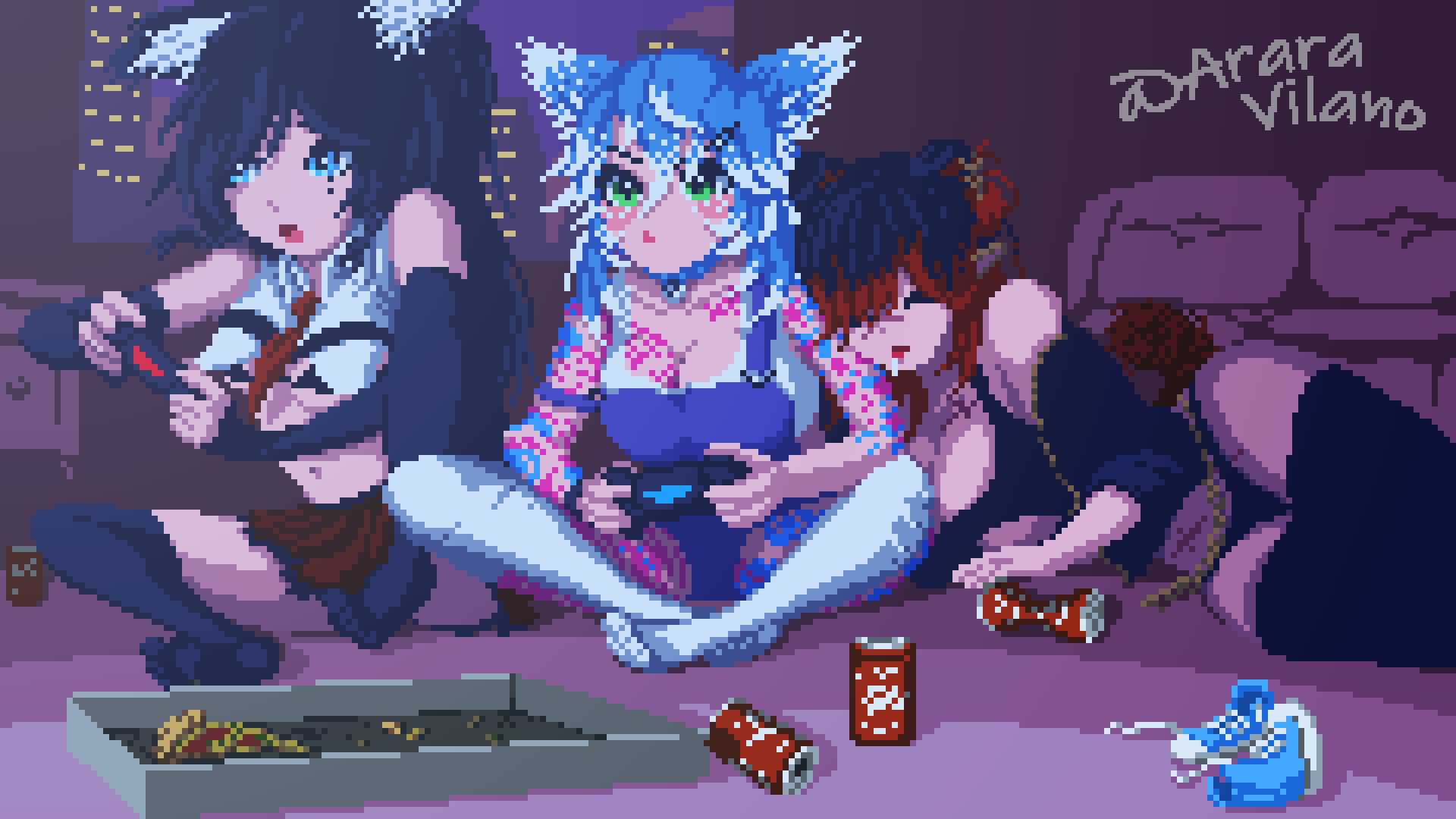 Pixel art of anime girl playing video games