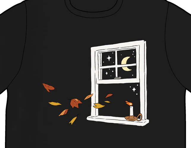 An open window with stars and moon shining through it. A candle gutters in the breeze as orange and gold fall leaves drift inside.