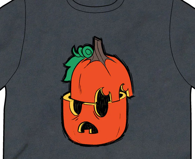 A pumpkin cut in half across it's middle. There is a bewildered expression on the pumpkins face.