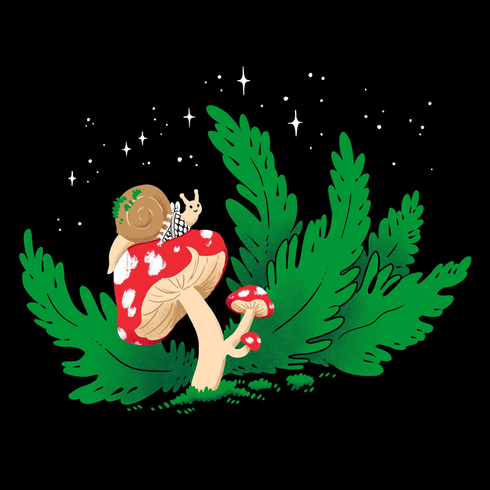 An array of ferns and a large red and white speckled mushroom on a blck background. On top of the mushroom sits a little snail wearing a keffiyeh scarf around it's neck. The snail is has a hopeful smile and is staring up at the night sky which is dotted with stars.