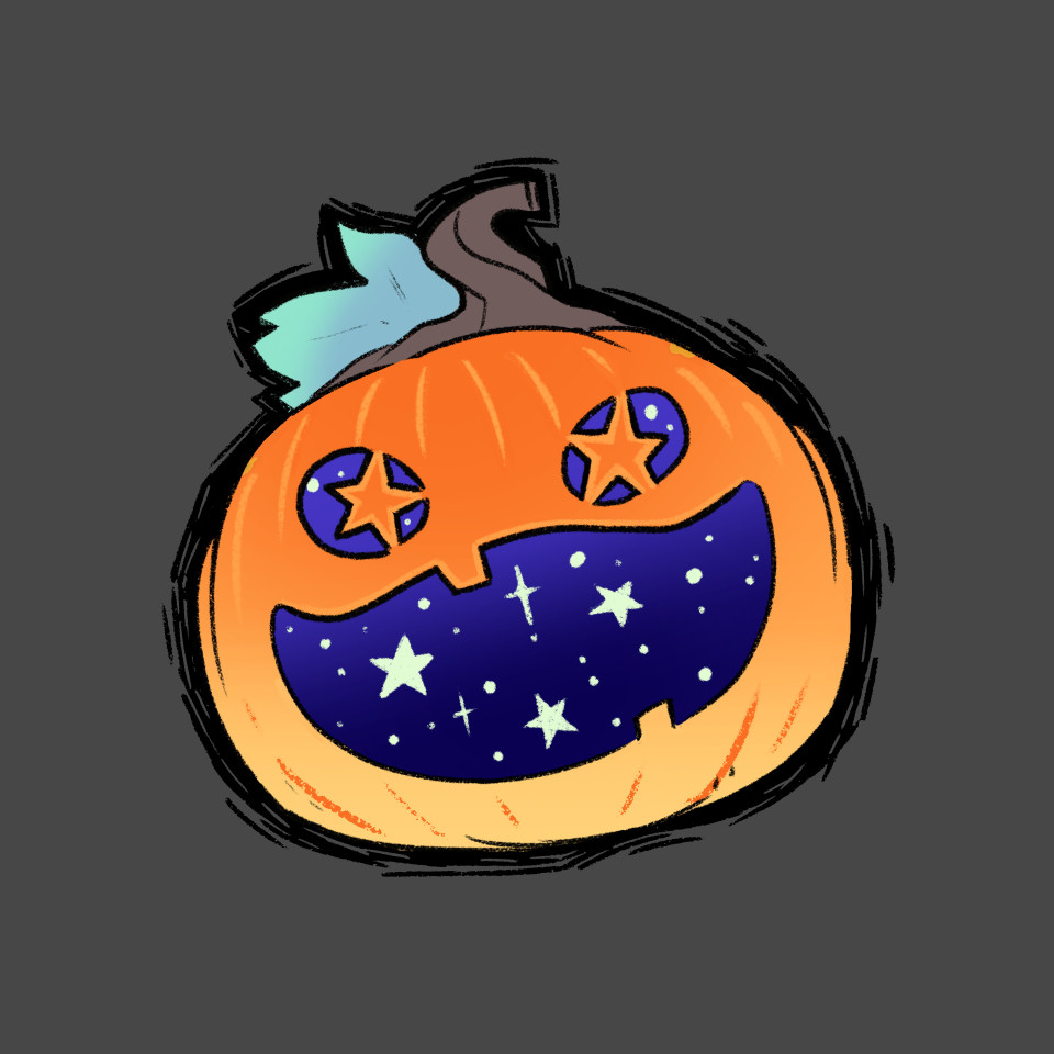 A smiling pumpkin with stars in it's eyes and mouth