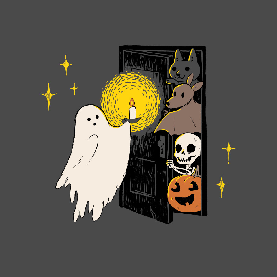 A ghost holding a candle approaches an old spooky door with caution. From behind the slightly open door poke out a friendly black cat, bat, skeleton and a pumpkin.