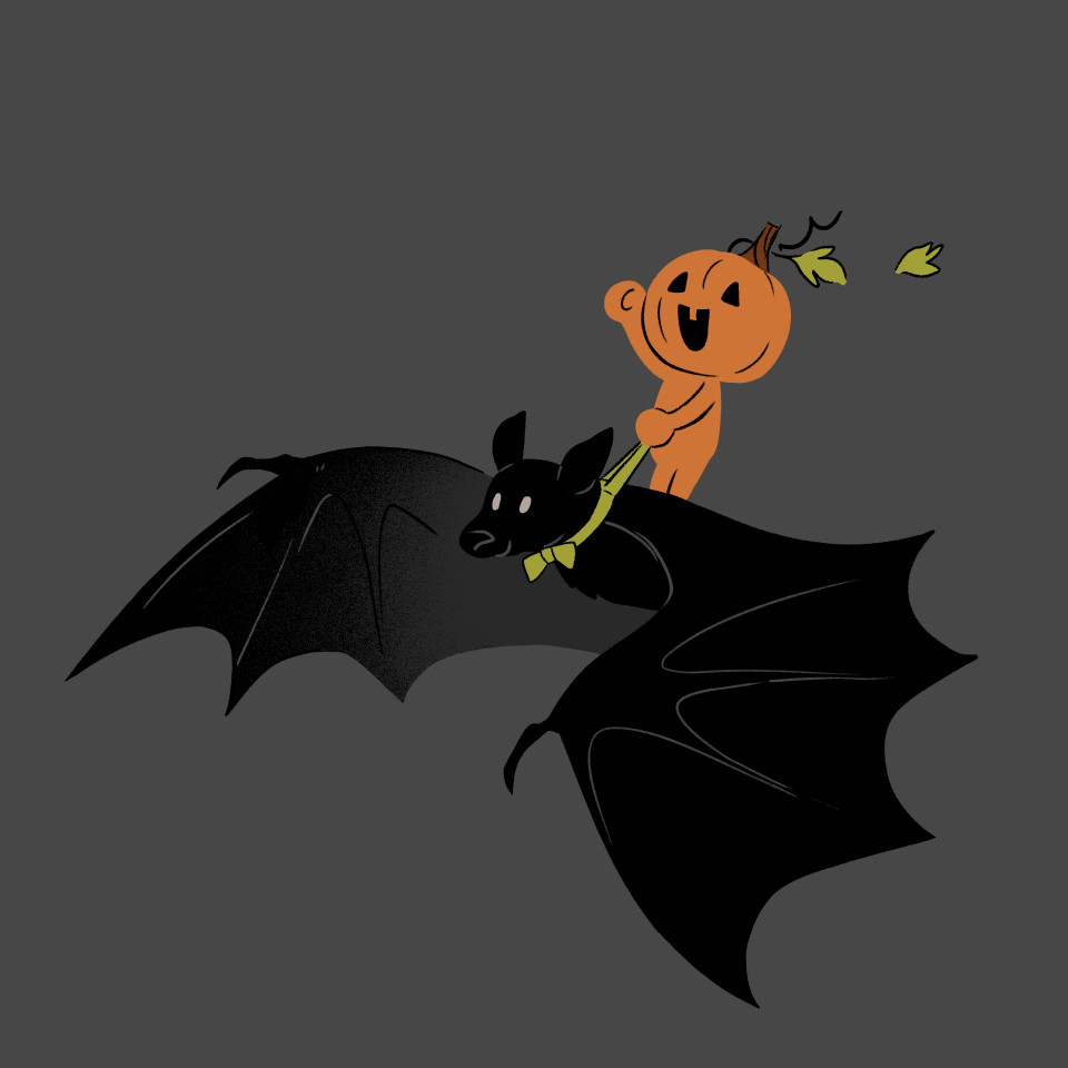 A little pumpkin friend raises their arm in excitement as they ride on the back of a large flying bat wearing a festive green ribbon.