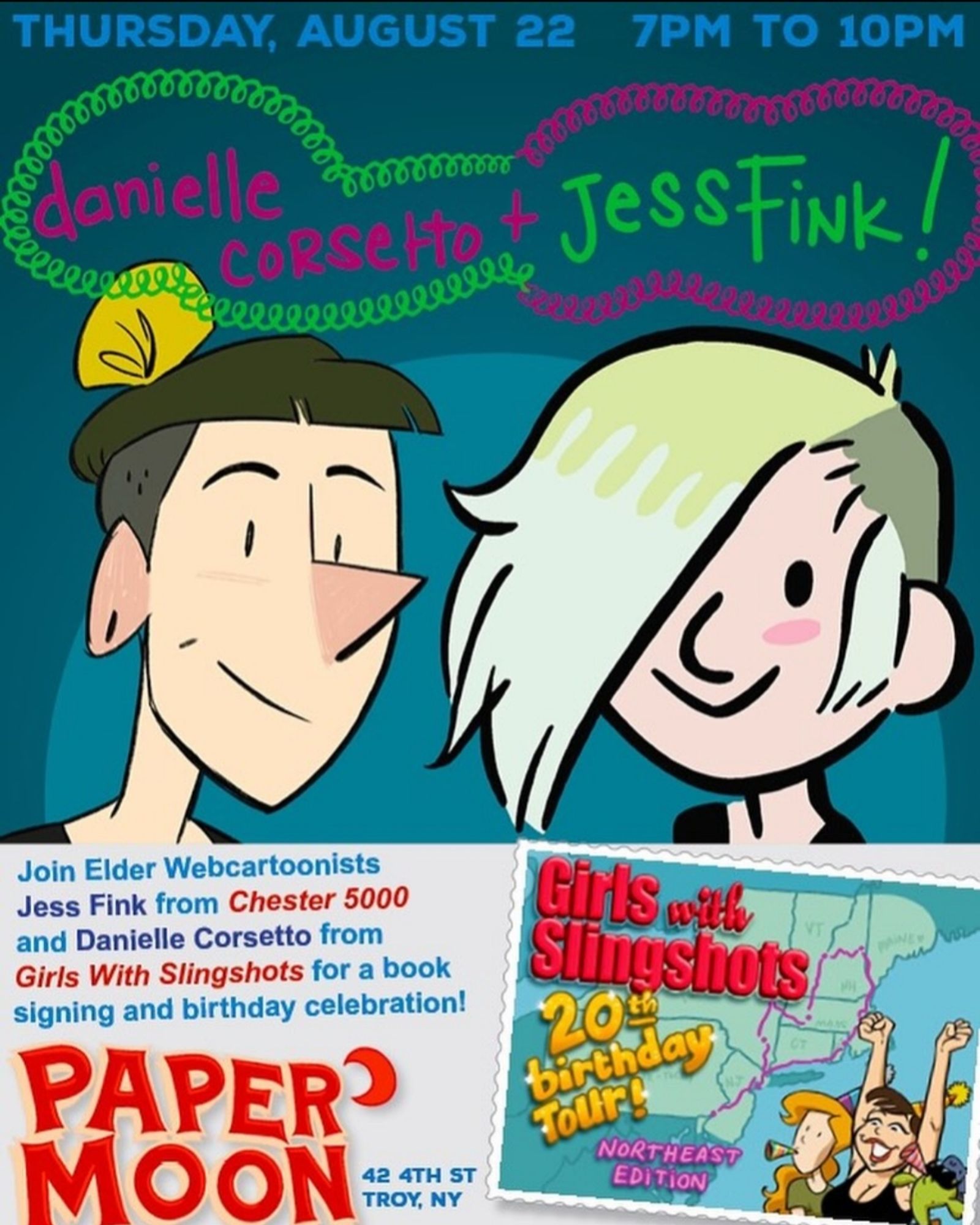 Cartoon portraits of Danielle and me, elder webcartoonists