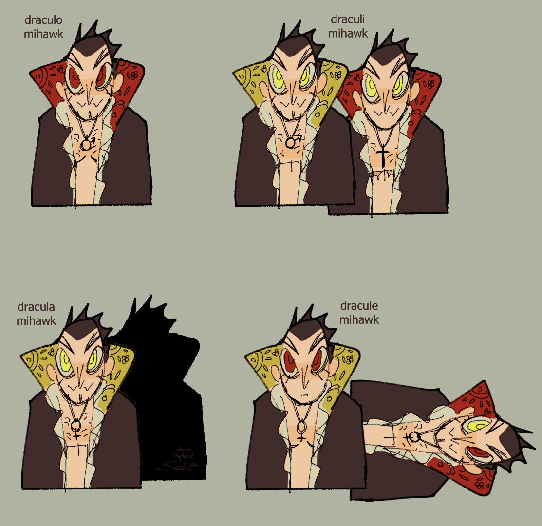 Loss meme jpg recreated with Mihawks of various hue and genders. Panel one is a lone Draculo Mihawk. Second one is two Draculi, third one a Dracula, fourth is two Dracule.