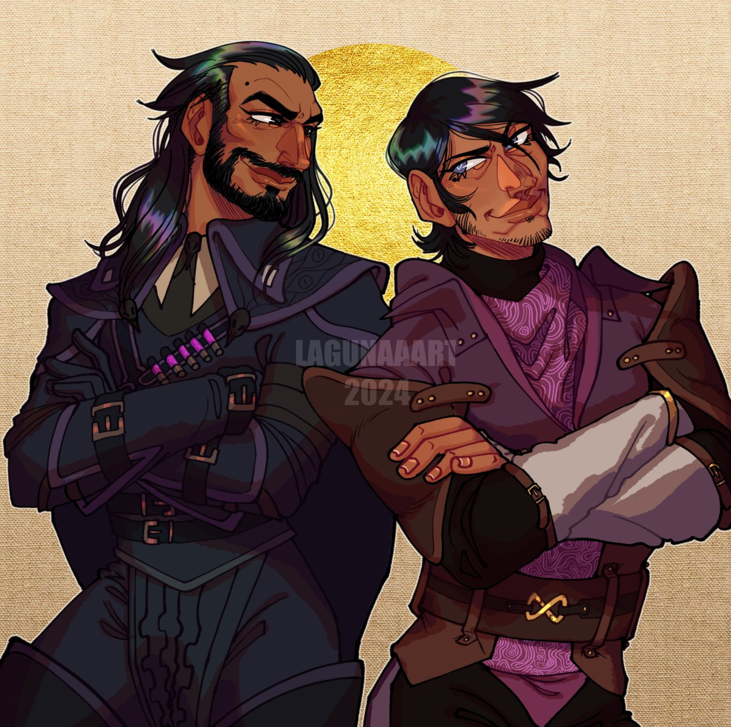 A waist full colored and shaded piece of Lucanis Dellamorte standing next to the right side of my Rook Hugo, their arms folded on their chests. Hugo is wearing his vint-style purple armor, facing the right side of the screen but looking to Lucanis on his right. He is smirking while raising an eyebrow. Lucanis is looking directly at Hugo, smiling with a slight frown.