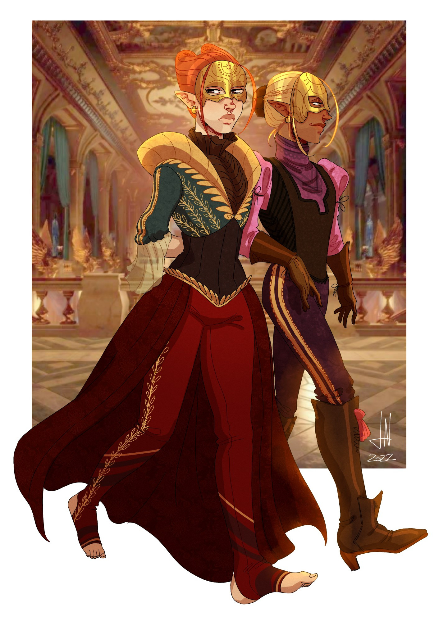 Digital drawing full coloured and shaded depicting my Grey Warden Ghele'Daren Mahariel and Zevran Arainai at the Halamshiral Palace. Both of them walking towards the right, Geledriel looking to his right and Zevran looking to his left. Geledriel is a Dalish male elf, with ginger hair and brown eyes. His hair is tied in a complex hairdo, he is wearing an Orlesian mask that covers his eyes and a golden loop earring on his right ear. His attire is of Orlesian style, with dark teal and terracota tones, with gilded details. While he is wearing tight trousers with golden details as well, he has a simil long skirt that only covers his back and is completely open on the front exposing both of his lefts. He is barefooted but his trousers have attached soles that leaves exposed his toes and heel. Zevran is also wearing an Orleasian style attire, tho he is wearing a brown vest, with globe-like sleeves and brown gloves, his shirt is light purple, and his trouser also have gilded details, but he is wearing tall boots. He also has an Orleasian mask that only covers his eyes, a golden loop earring and his hair is tied up into a bun covered with a leather cover. The background of the piece is in fact the Winter Palace.