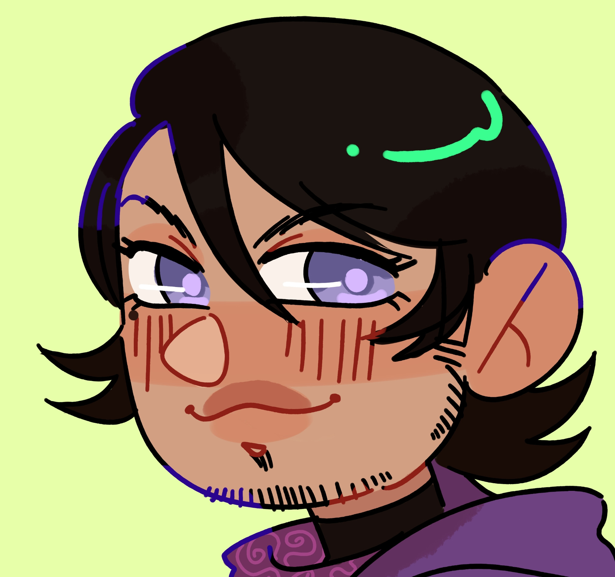 Chibi headshot of my Rook Hugo, a human  with tan skin, straight black short hair with a small side fringe and sideburns, thin black eyebrows and lavender/greyish eyes, a days-stubble. A mole under his right eye. His smirking looking at the viewer.