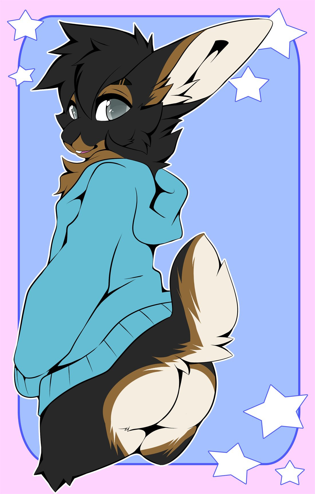 Anthropomorphic black otter rex rabbit known as Jericho wearing a light blue hoodie and nothing else.