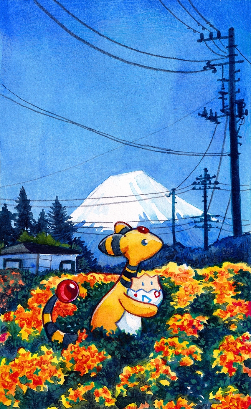 Traditional fan art in watercolor and colored pencil. It’s an illustration showing the Pokémon Ampharos, with a little Togepi in its arms, standing among bushes full of yellow flowers. A small house, trees and electrical poles can be seen in the background, with Mt. Fuji faintly hovering over them in the distance.