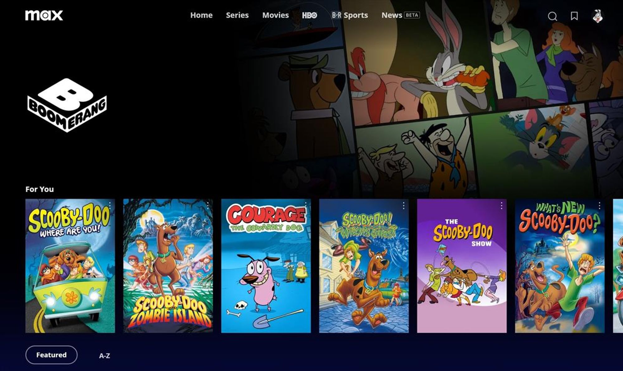 A screenshot of the Boomerang hub on Max (formerly HBO Max), which launched on September 30, 2024