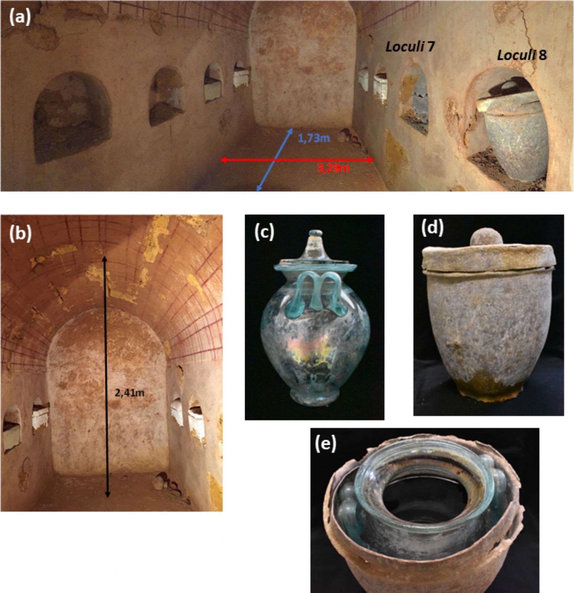 collection of images displaying a just-recovered Roman burial chamber with urns which held liquid (!) wine mixed with human remains (ash)