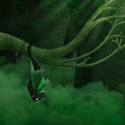 Digital art of a black dragon with a white tipped tail and white-green horns and green wings and grey eyes. The dragon is hanging upside-down from a branch over thick bushes in a dark green forest.