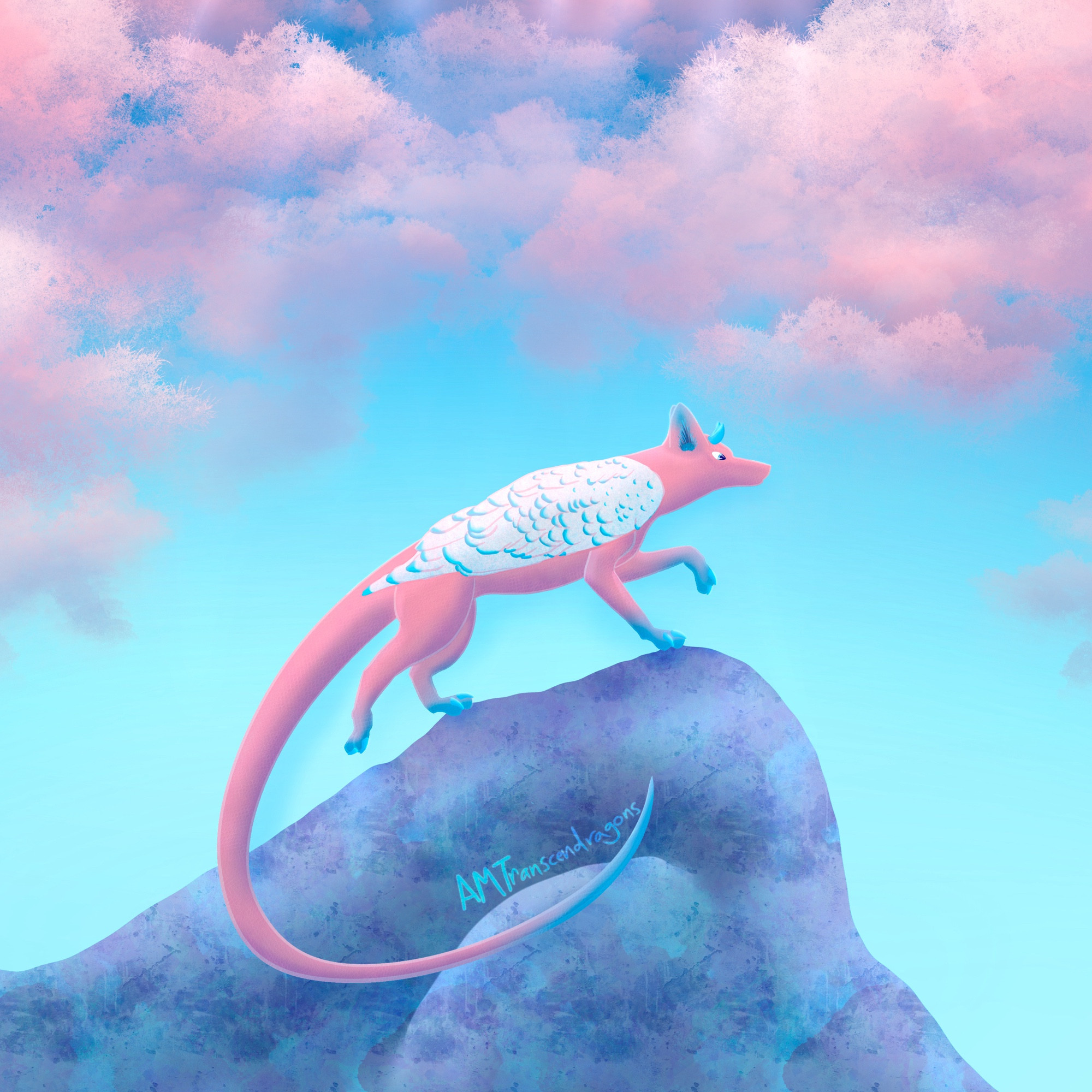 Digital art of a dragon with a pink body like a coyote’s, with blue on its paws and the tips of its tail. The creature has an extremely long tail and little blue horns on its head. It has white wings folded on its back with blue-tipped feathers and looks out with blue eyes. It stands atop blue rocks under a blue sky with white-pink clouds