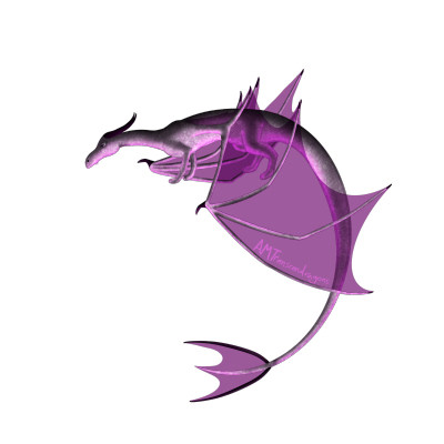 Digital art of the same dragon themed to the white, grey, black, and purple of the asexual flag without the cave background