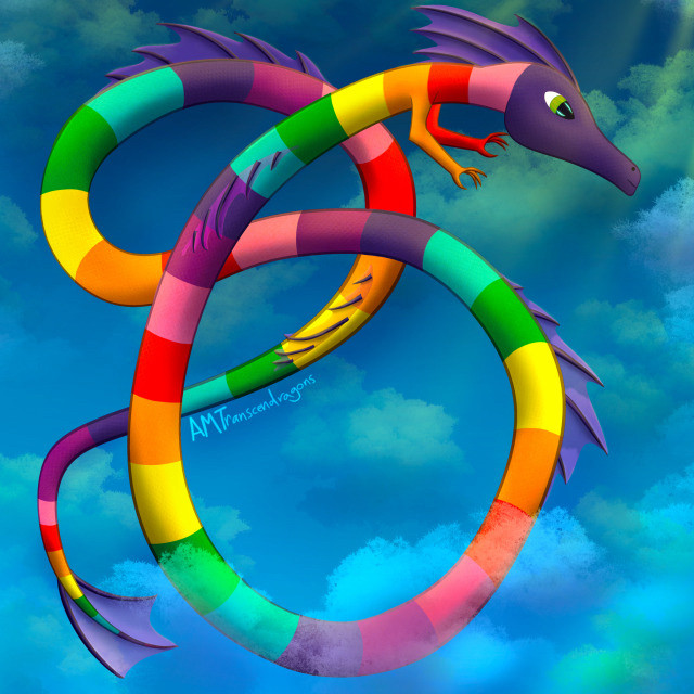 Digital art of a huge serpent with purple fins from head to tail flying through the sky. The creature only fits into frame because its long body is curved into loops. The creature flies through the clouds with a big green eye and two clawed arms near its head visible. The long serpentine body of the creature is striped all the way from the being’s head to tail.