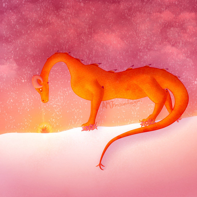 Digital art of an orange dragon with pink claws claws and ridges with the sunset lesbian pride flag down her back. This art has no background, only the dragon with her orange body and curly goat horns and the spikes down her spine and on her tail and her knees.