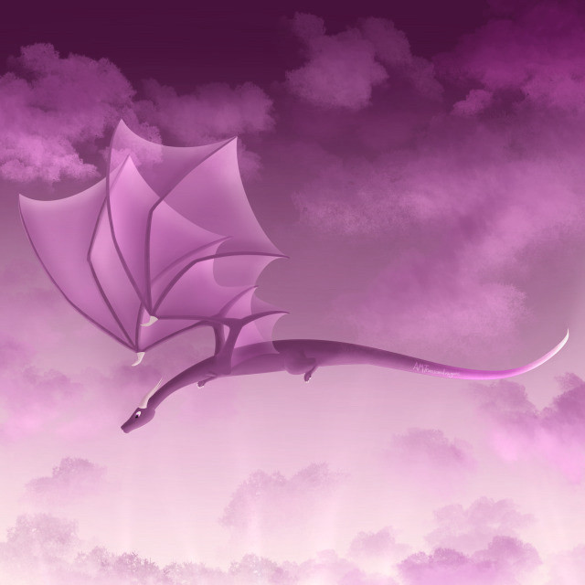 Digital art of a dragon themed to the dark purple, light purple, and cream of the queer chevron flag with a sky background. The sky is lit from below with creamy light and is dark purple above with light purple clouds lit from below as the dragon flies through them.