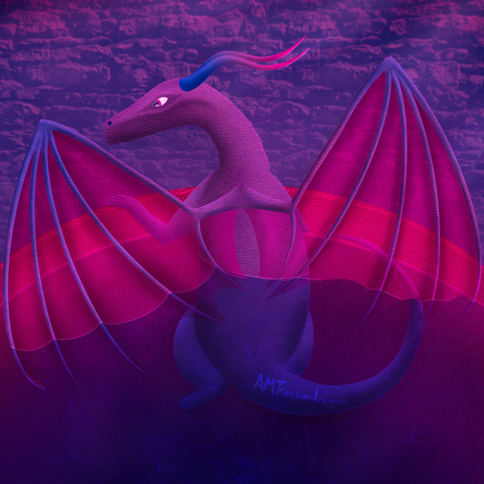 Digital art of a large purple dragon with the bi pride flag on their horns and pink membranes in their wings sitting in a large pink tub of steaming blue water in a purple brick room. The dragon looks to one side and has one visible hand on the rim of the pink tub