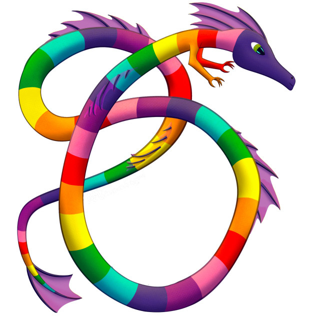 Digital art of the long, finned serpent themed to the colors of the Gilbert Baker rainbow flag without the sky background, only the dragon.