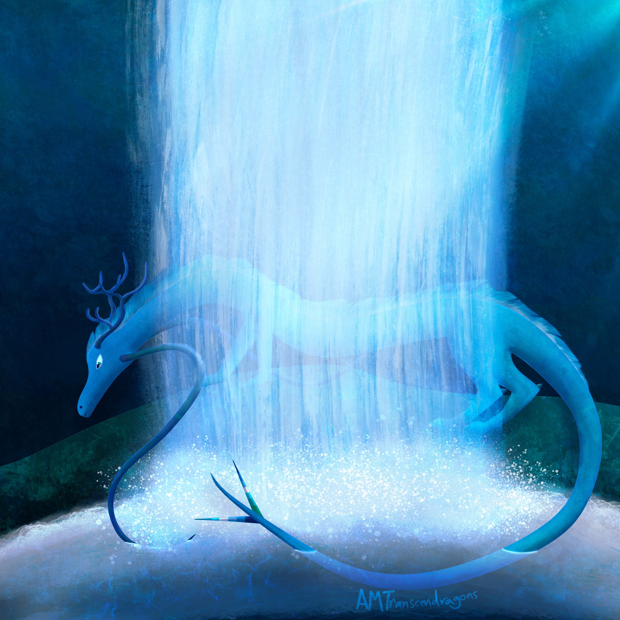 Digital art of a long dragon with antlers, a mane, and lone whiskers peers out from behind a waterfall pouring into a pond below. The dragon stands in darkin dark green rock behind the waterfall and dips his tail and one whisker through the waterfall. The whole image is in the white, greens, and blues of the gay mlm flag