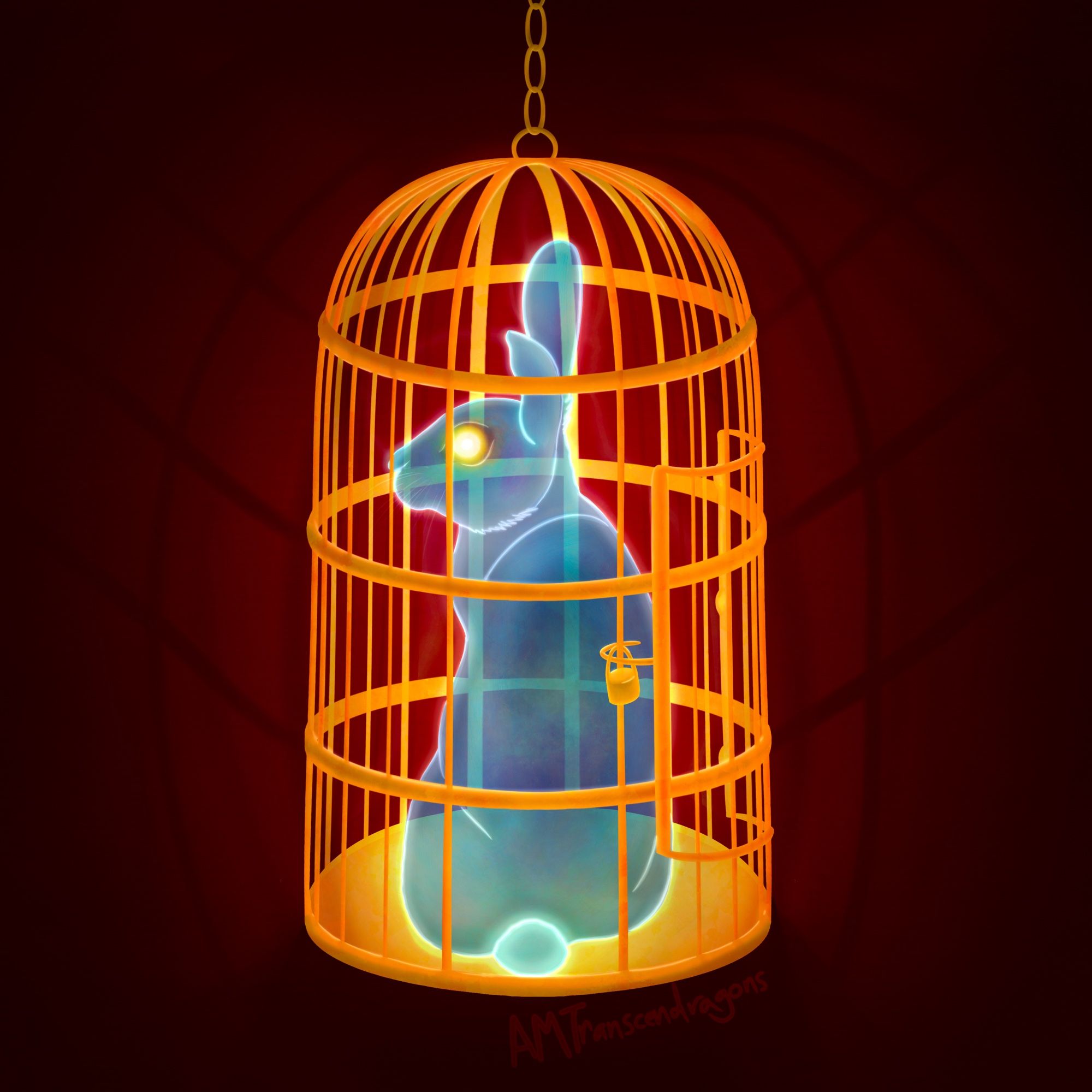 Digital art of a glowing, semi-translucent blue spectral rabbit with a glowing yellow eye. The rabbit sits in a locked golden cage hanging from the ceiling. The bunny lights up the scene and the background red wallpaper.