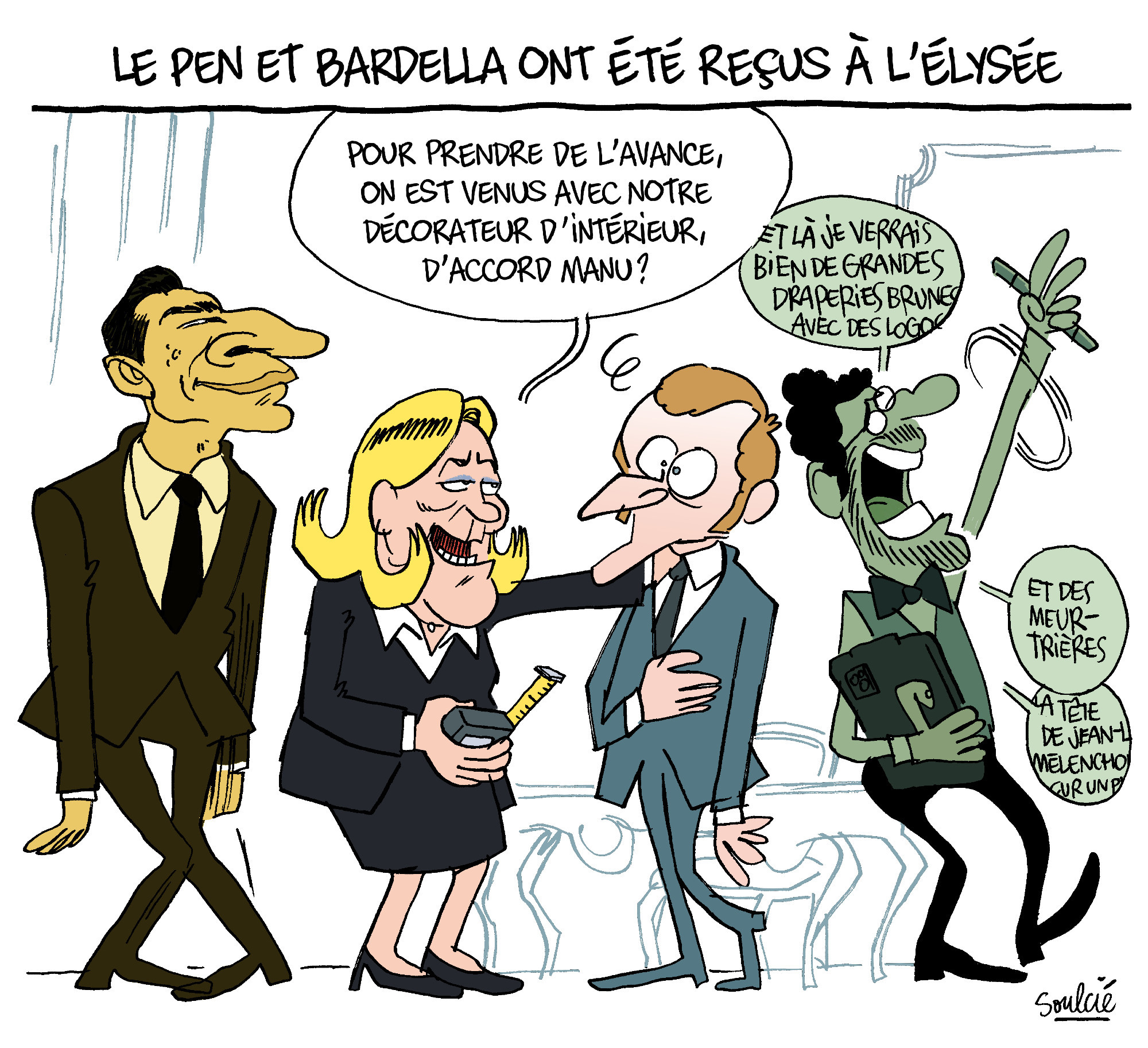 C'est un dessin de presse de Soulcié pour La Revue Dessinée intitulé "Le Pen et Bardella ont été reçus à l'Elysée".
Marine Le Pen et Bardella sont en face de Macron. Le Pen tient un mètre ruban.
Le Pen dit "Pour prendre de l'avance on est venu avec notre décorateur d’intérieur, d'accord Manu?"
Macron livide ne répond rien.
A coté le décorateur dit :"Et la je verrais bien de grandes draperies brunes avec des logos" "et des meurtrières" "La tête de Jean-L... Melencho... sur un P..."