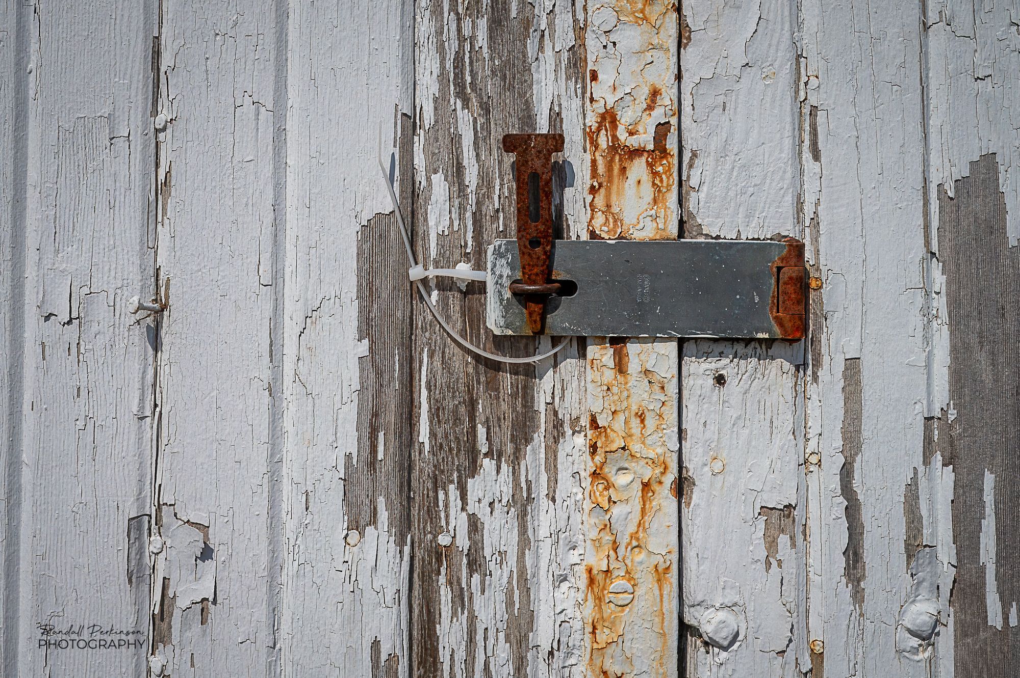 Two wooden doors with peeling white paint are latched together and secured with a concrete form pin.