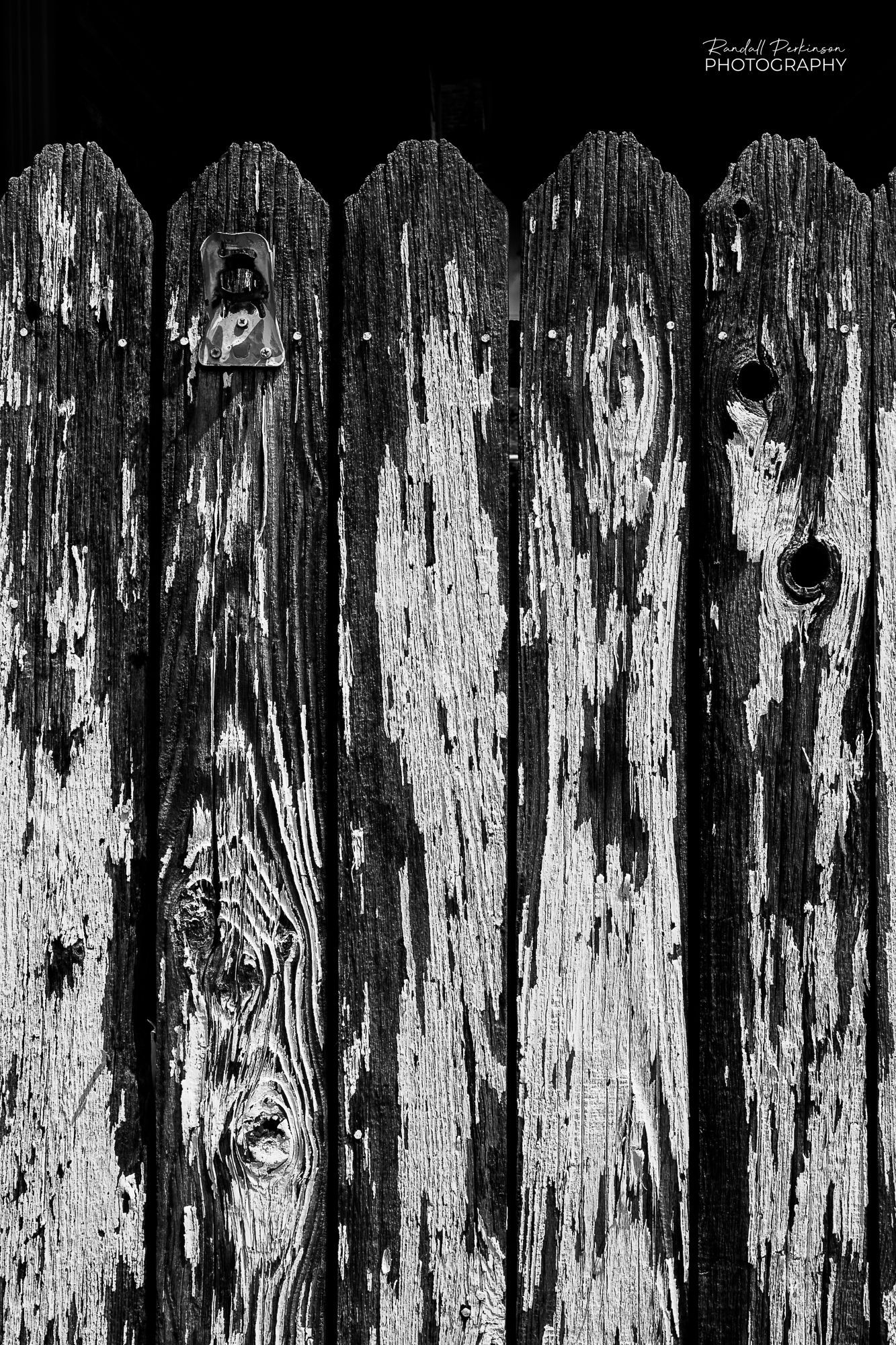 The top portion of five slats of an old wooden gate with peeling white paint.