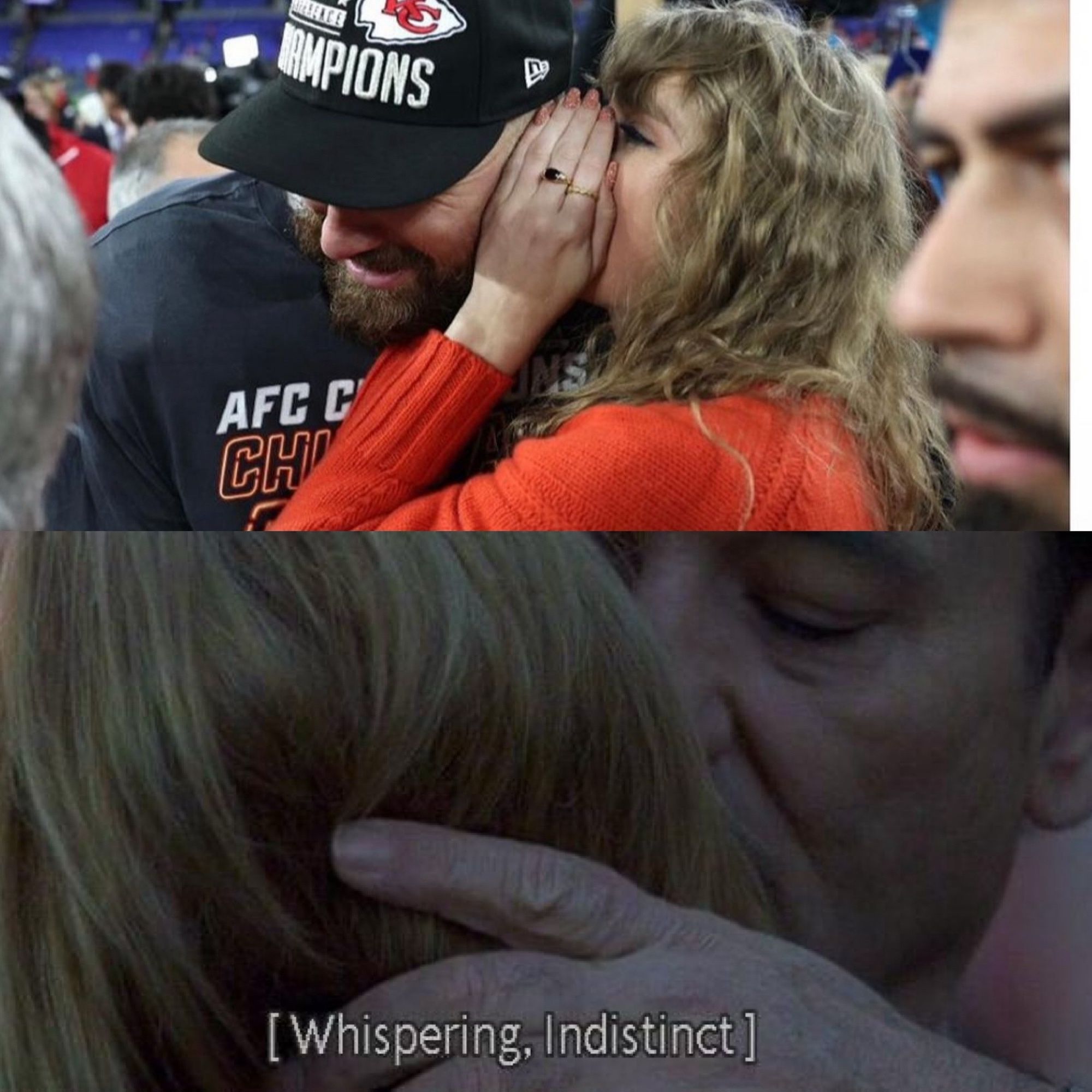 Taylor Swift and Travis Kelce sharing a secret at Chiefs AFC Championship. Bill Murray and Scarlett Johansson sharing a secret in the Lost in Translation movie.