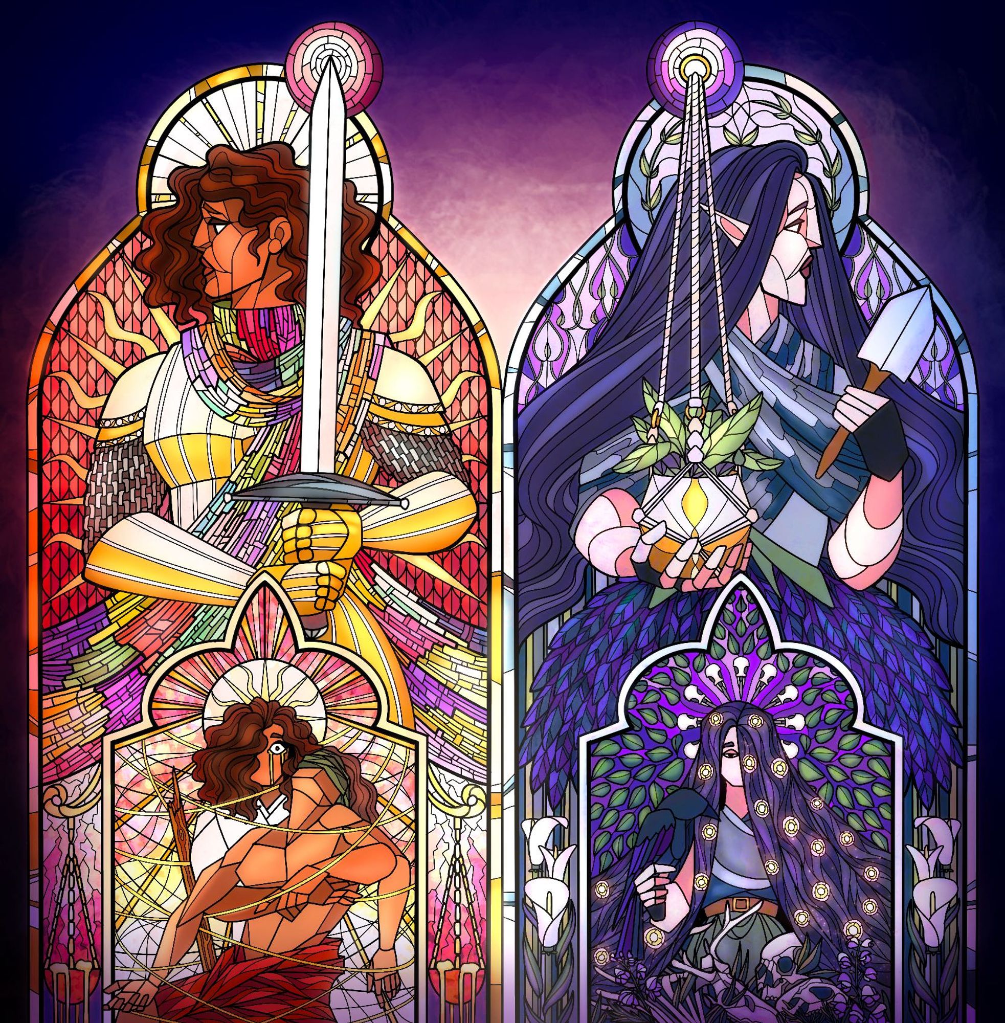 a stained glass window illustration
The first panel background is Arlaen Draith, a tan skinned human in golden armor holding a sword with her head in profile. She wears a multicolored scarf crossed around her neck extending to the edge of the canvas. Behind her is a sea of red with golden rays. The foreground is her in simple white, holding a man’s dead body. The man has a green blindfold, and red robes hanging off his waist. One eye is obscured by hair, the right is staring straight forward with golden tears. Warm colors throughout, there are scales and the threads of date below
The second panel background is Constance Gable in front of a cool purple and green garden pattern, with peace lilies at the bottom. She has flowing black hair, fair skin, and holds a rosemary plant and a shovel. Her skirt is raven feathers. The foreground is her perched lower with a raven in her hand, one eye is covered by her hair, the left is looking downward , tending to leaves and various kinds of skulls.