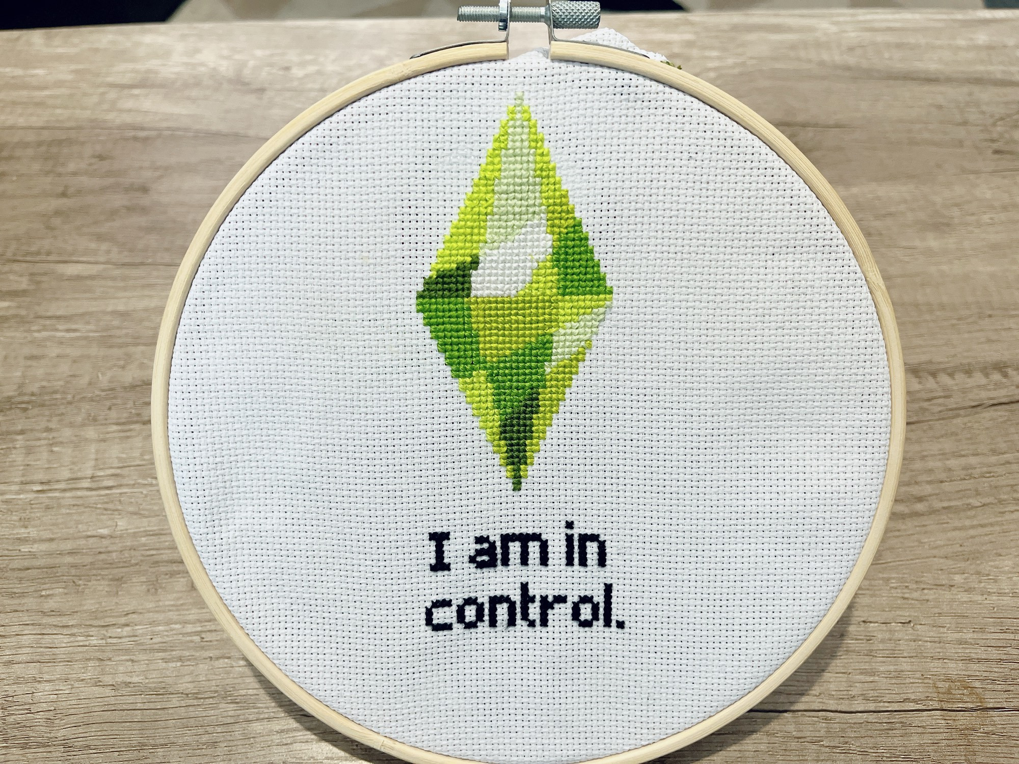 A cross stitch of a sims green diamond saying “I am in control” 