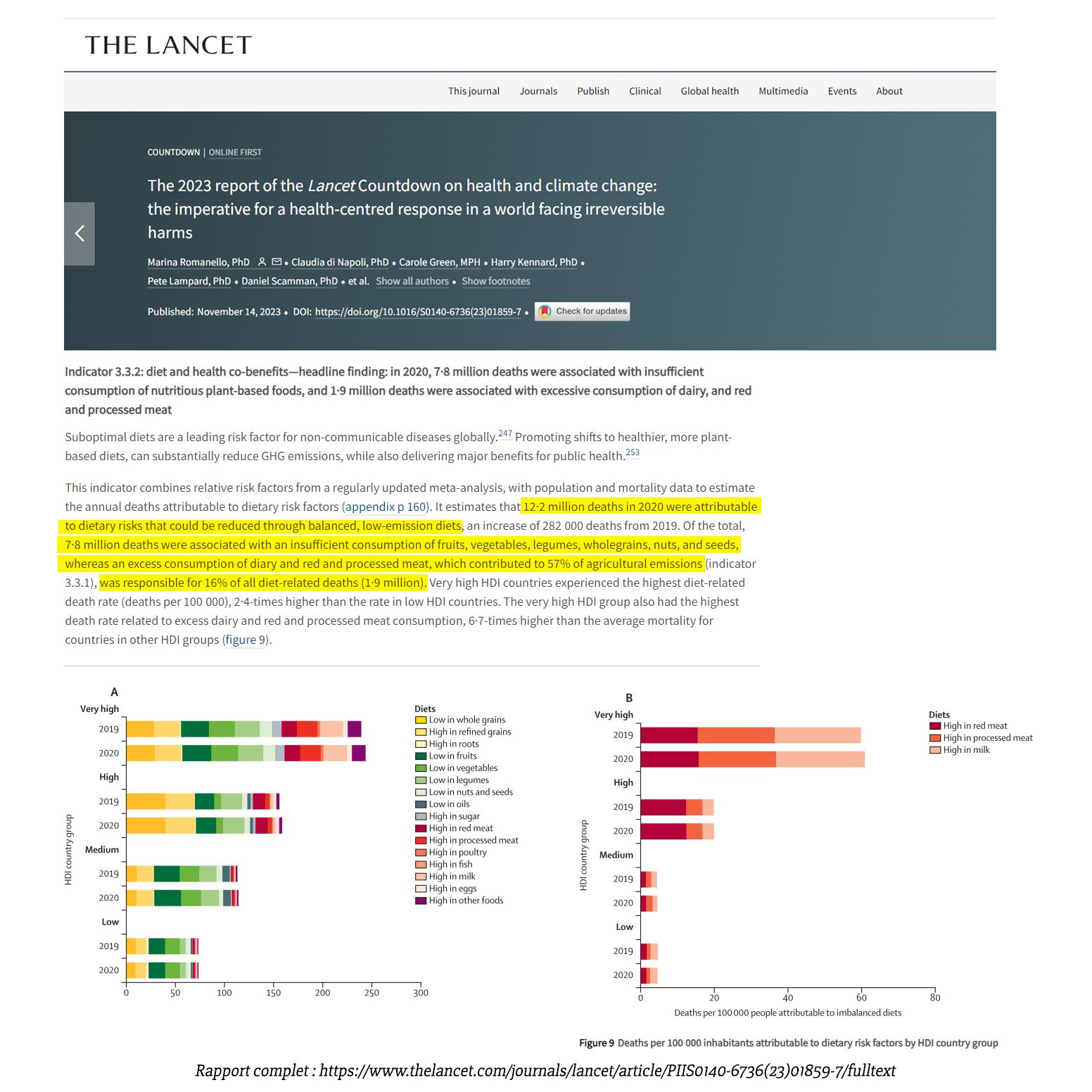 Captures d'écran du site de The Lancet, "The 2023 report of the Lancet Countdown on health and climate change: the imperative for a health-centred response in a world facing irreversible harms", texte complet ici : https://www.thelancet.com/journals/lancet/article/PIIS0140-6736(23)01859-7/fulltext