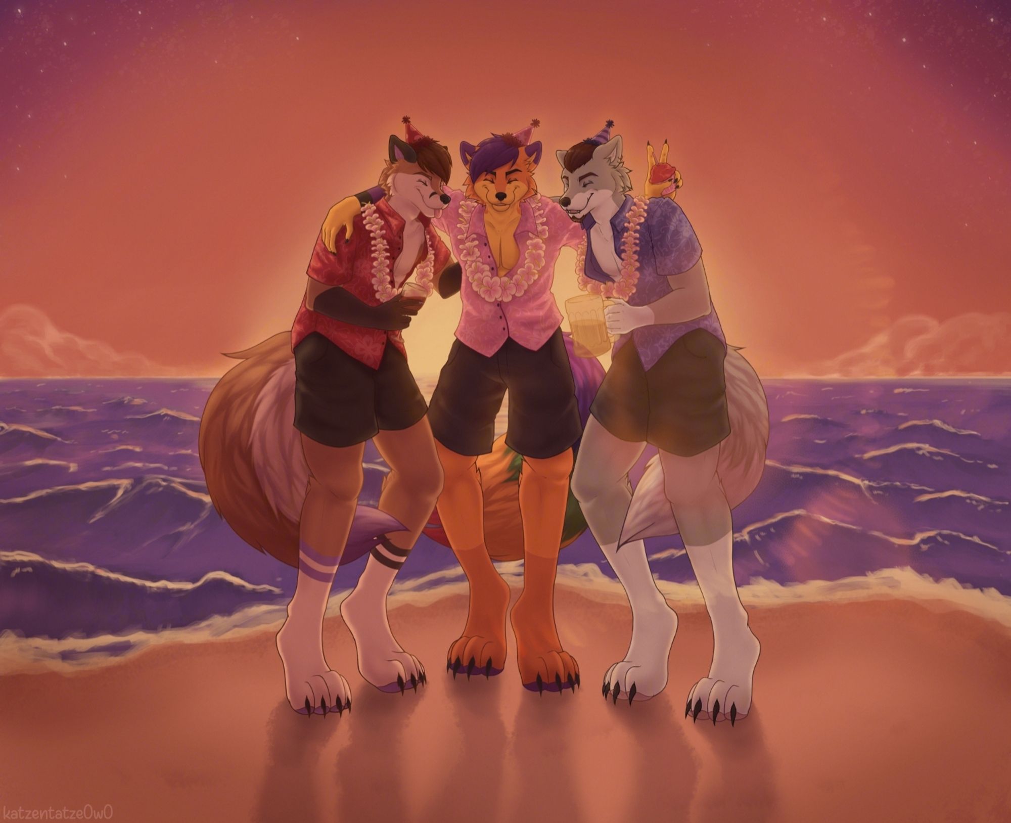 A commission artwork I did for my friend and his two other friends. They're all standing on a beach, the sea is behind them and the sun is also shining from behind since it's the sunset. They're hugging each other by the shoulders with the two friends on the left and the right holding a glass of wine and a mug of beer respectfully. The work is done in purple, pink, yellow, orange tones.