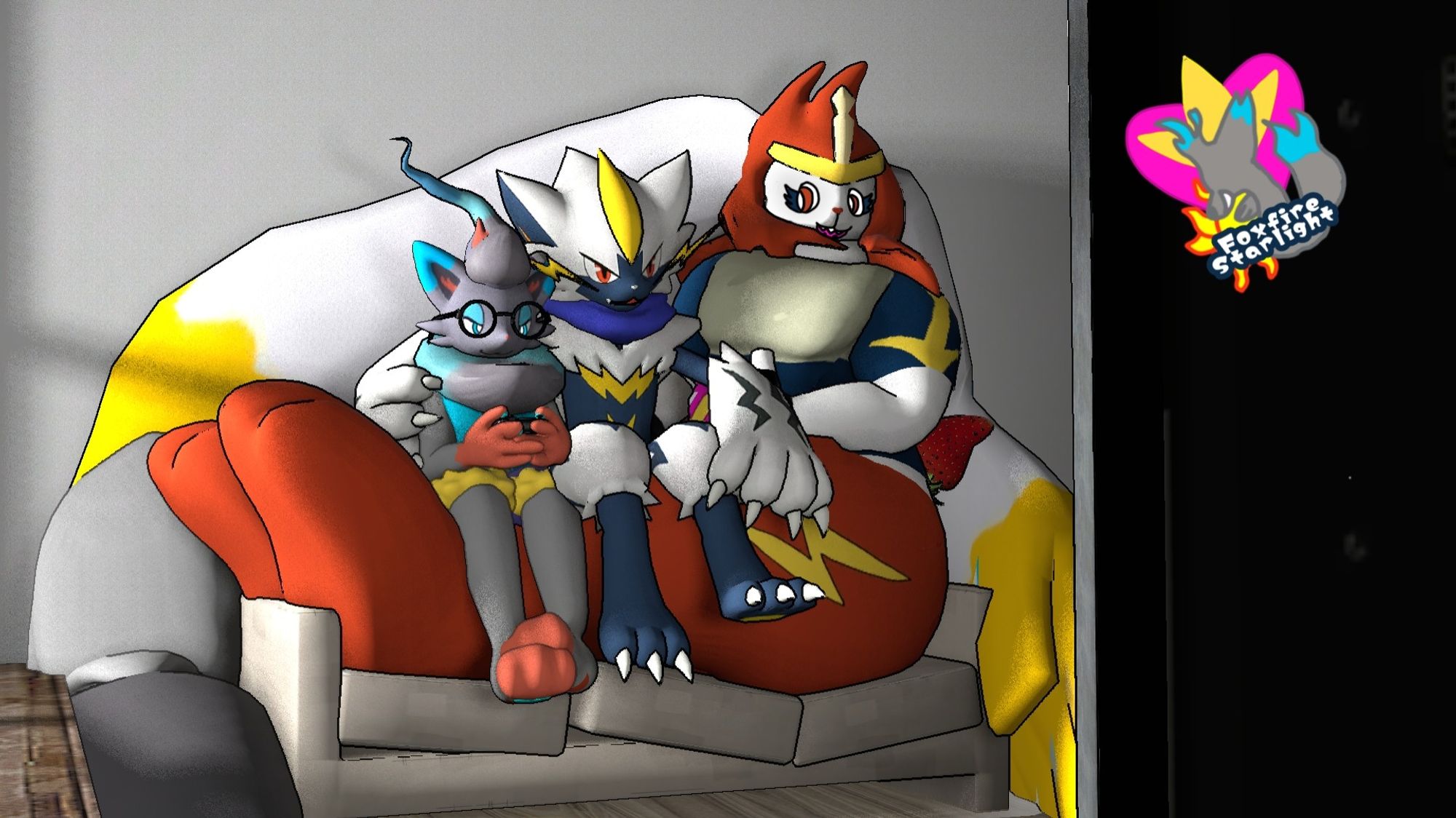 Reikka sitting on a couch, talking at Cameron and Jake sitting on her outstretched legs. Jake is leaned forward in determined focus, gripping a switch pro controller in his paws. Denko has his arm wrapped around their shoulder, slightly leaning into him.