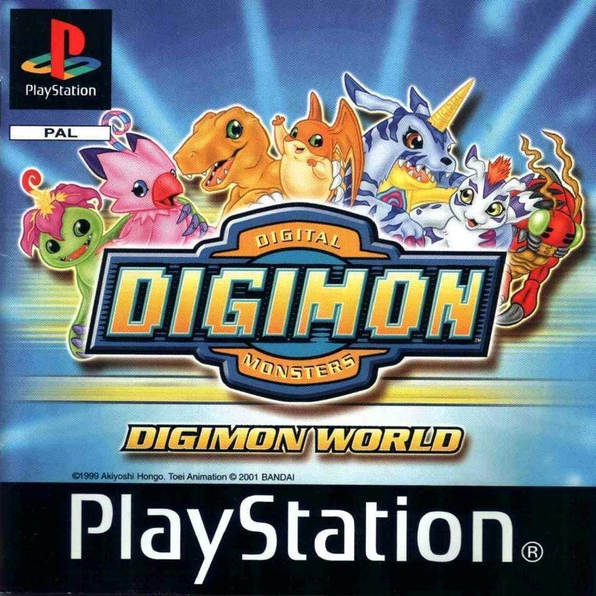 The front cover of Digimon World, featuring the digidestined's digimon above the digimon logo over a digivice with digimon world below, light blue background with the playstation logo at the very bottom.