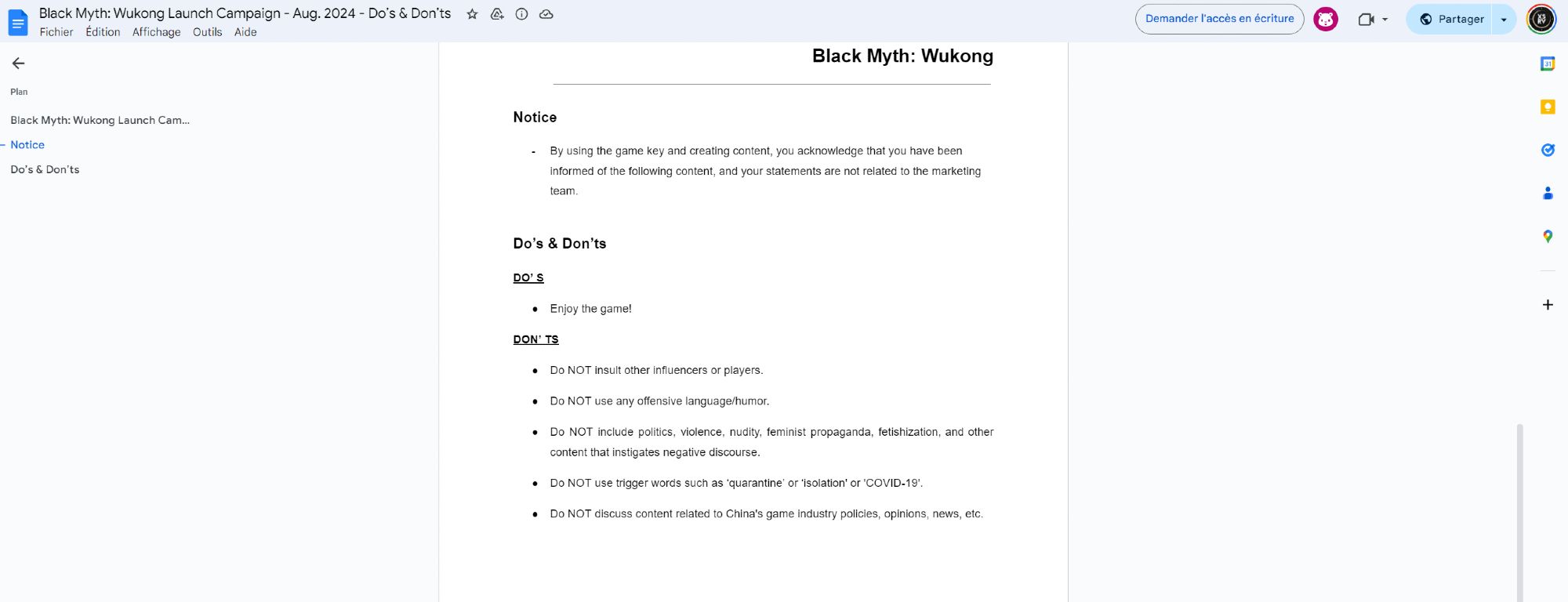 Notice
By using the game key and creating content, you acknowledge that you have been informed of the following content, and your statements are not related to the marketing team. 

Do’s & Don’ts
DO’ S
Enjoy the game!
DON’ TS
Do NOT insult other influencers or players.
Do NOT use any offensive language/humor.
Do NOT include politics, violence, nudity, feminist propaganda, fetishization, and other content that instigates negative discourse.
Do NOT use trigger words such as ‘quarantine’ or ‘isolation' or 'COVID-19'.
Do NOT discuss content related to China's game industry policies, opinions, news, etc.