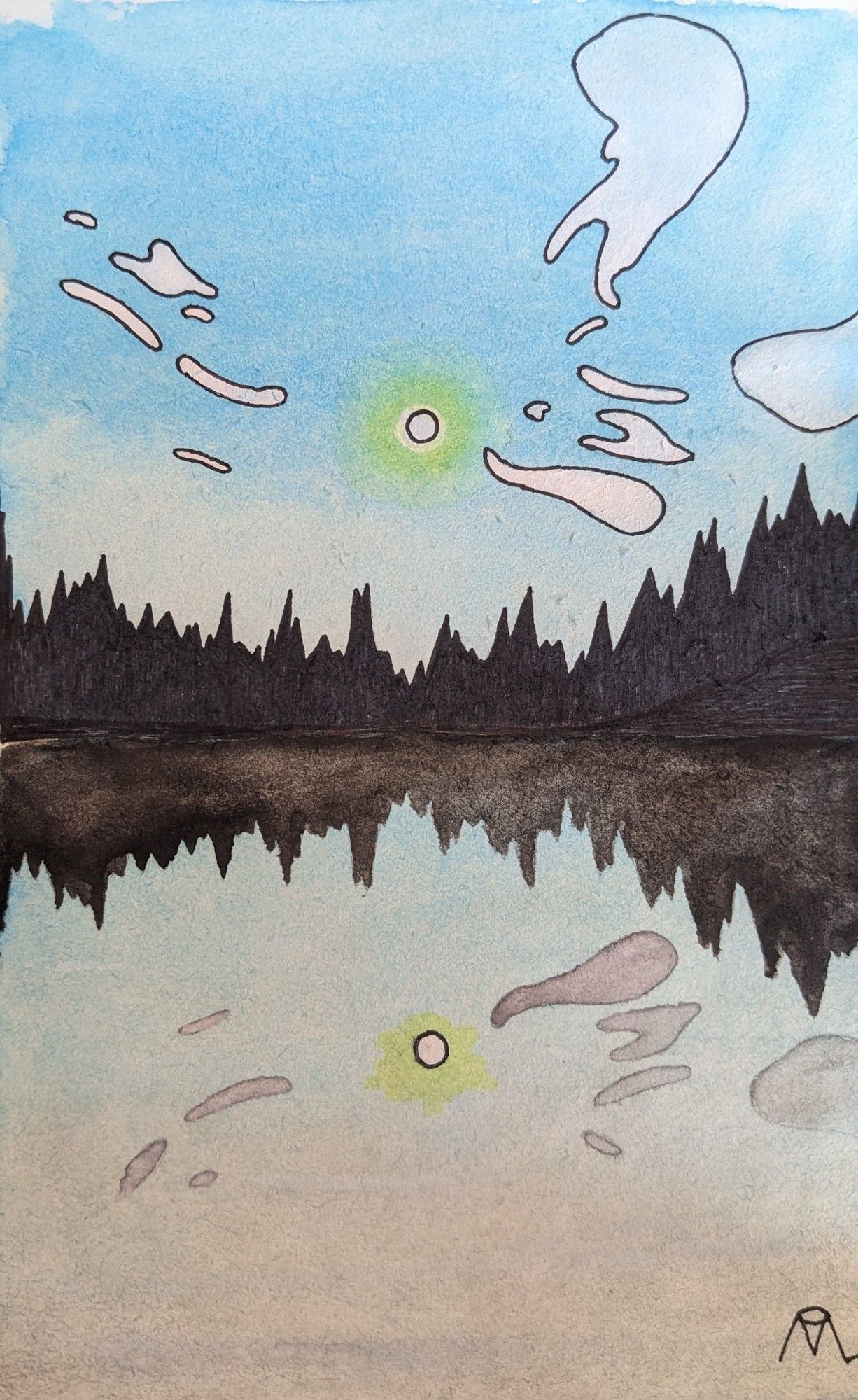 Watercolor painting on paper of a hazy sun nestled within cartoony clouds over a mirror lake lined with spiky trees.