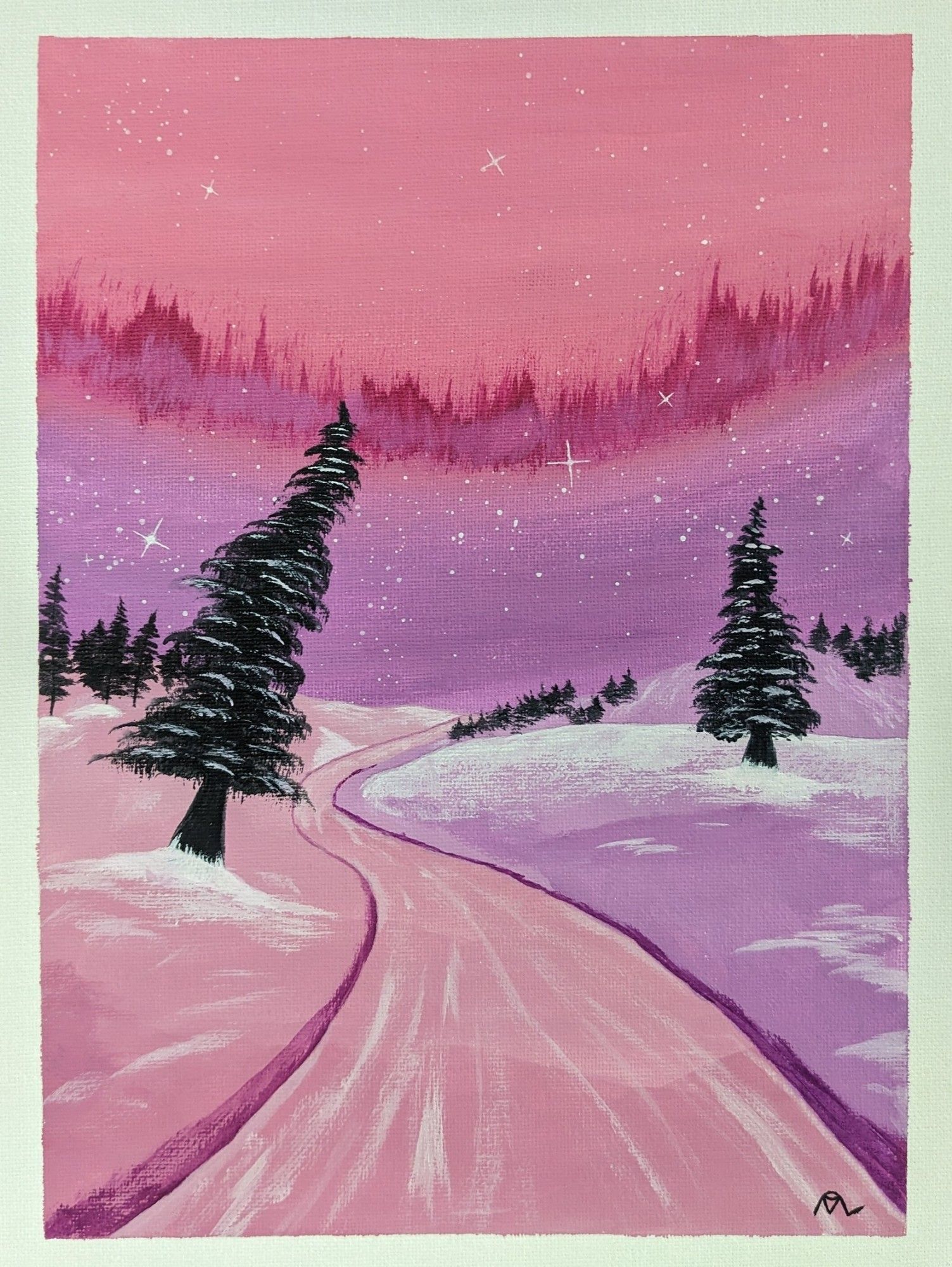 Acrylic painting on canvas of a snowy road through the mountain amidst snow-covered evergreens.  The sky is lit strongly by a pink aurora that somewhat obscures the stars behind it and stains the whole world in pinks and purples.