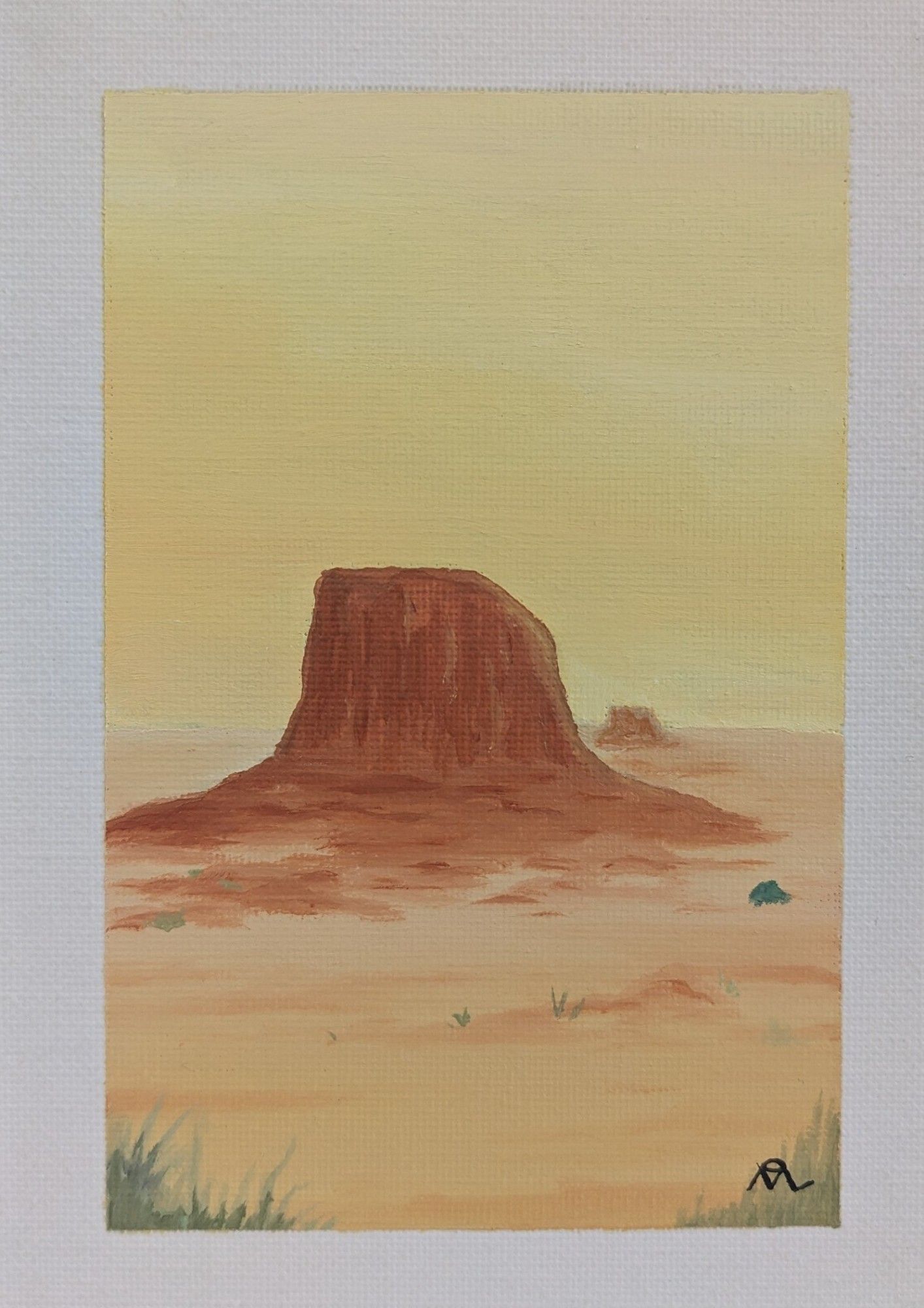 Oil painting on canvas of a rocky mesa standing in a wide desert.  A few scattered arid bushes can be seen about, as well as another butte in the distance.