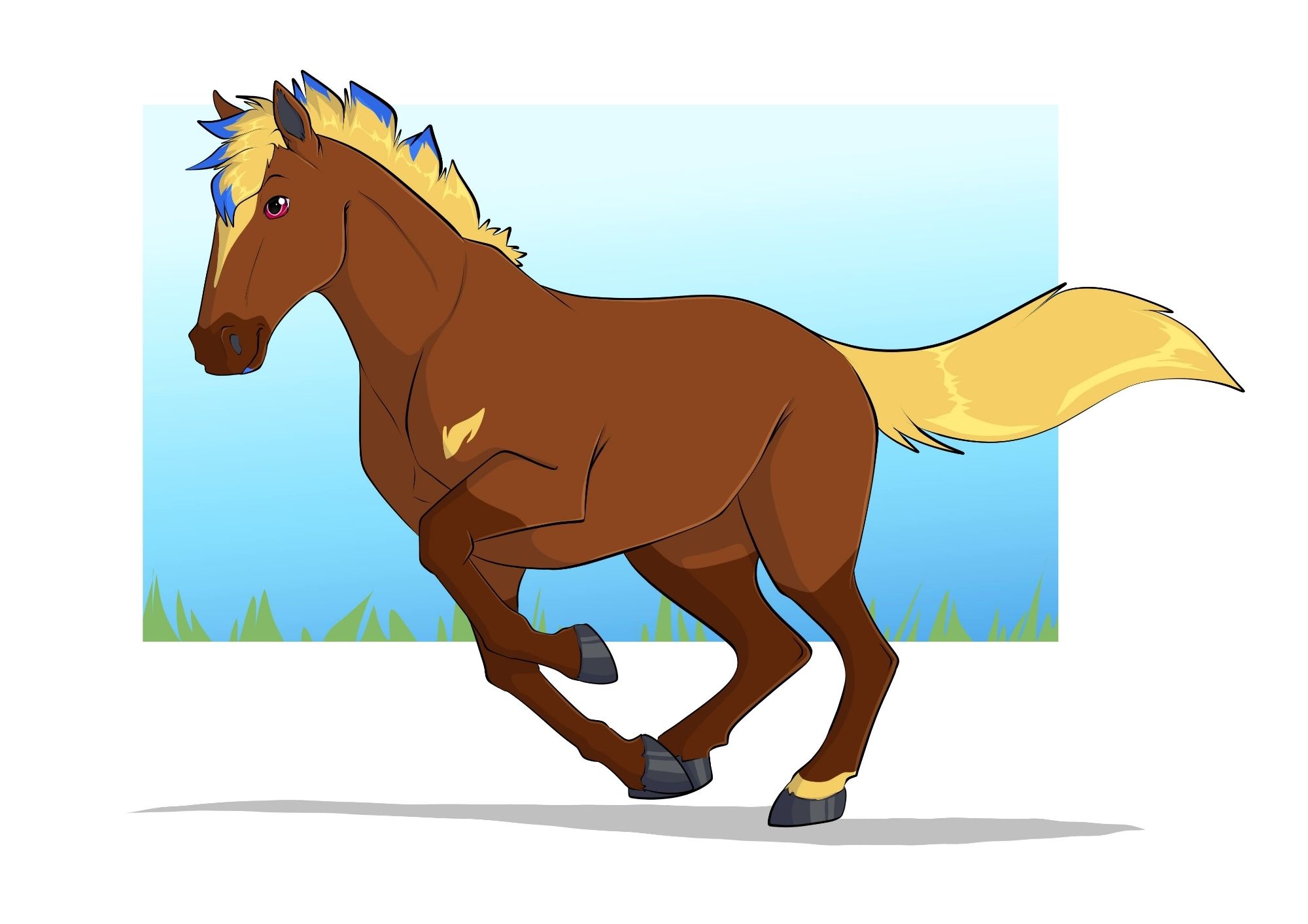 Sparx as a horse with a blonde mane and tail, running diagonally towards the viewer.  The mane has the characteristic blue tips and the eyes their dark pink color.