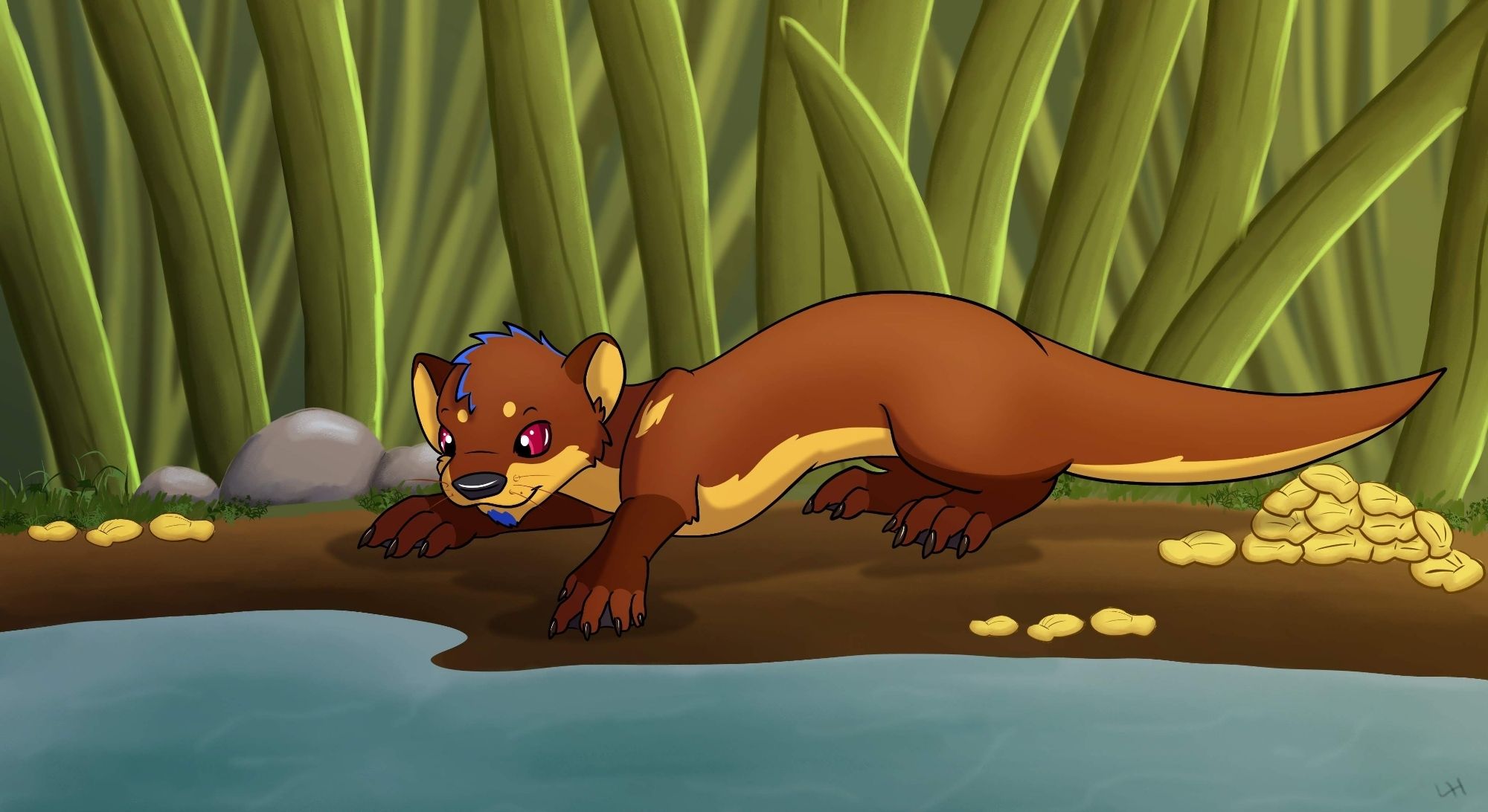 Sparx as an otter, staring into the water of a stream and amassing a small pile of clams.  The head tuff has the characteristic blue tips and the eyes their dark pink color.