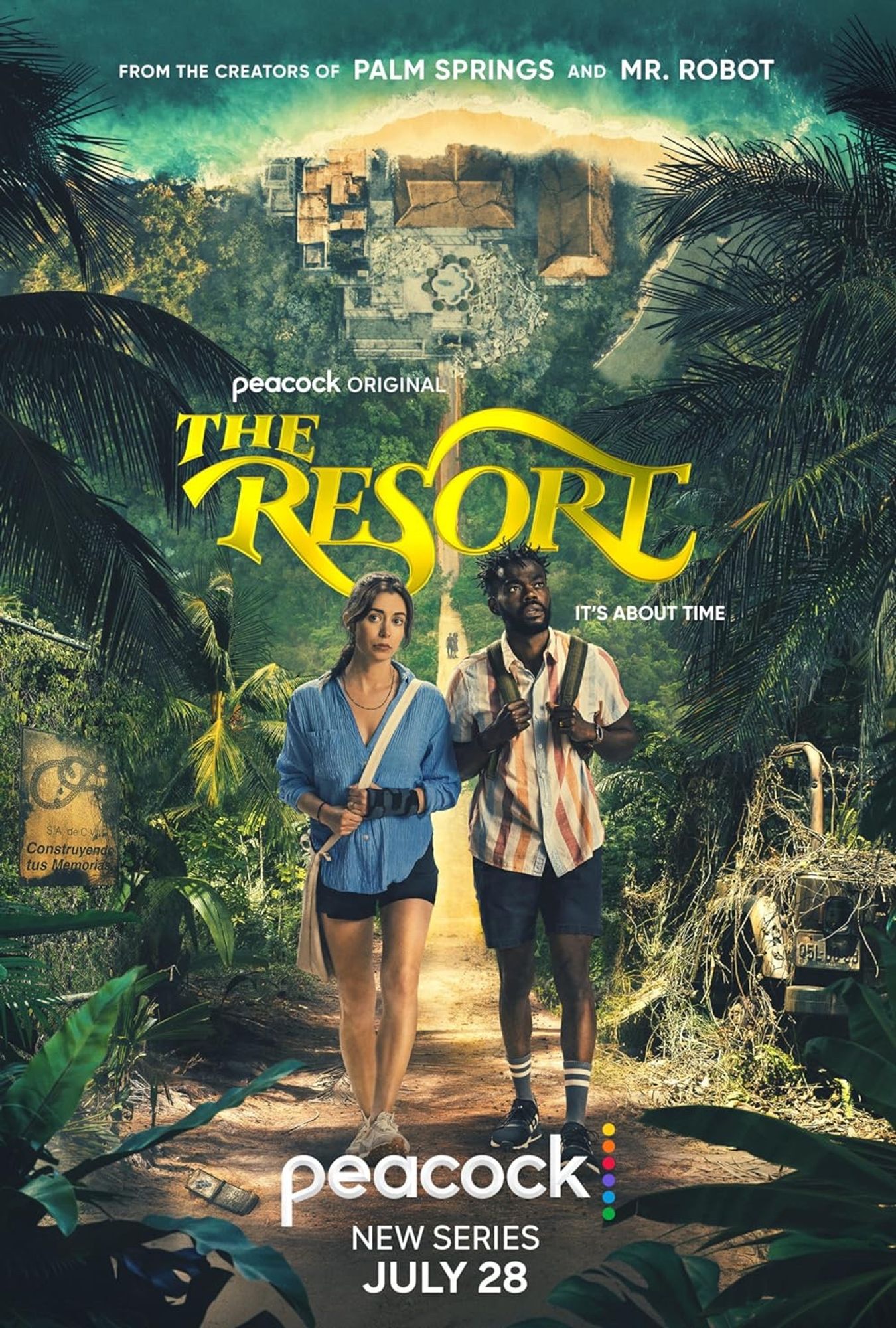 Cartel de The Resort. Cristin Milioti y William Jackson Harper, con look veraniego, avanzan al frente por un camino de tierra rodeados por las ruinas de un resort al que la vegetación selvática ha comenzado a comérselo. Se adivina que están en una isla. Bajo el título, un eslogan: «It's about time».